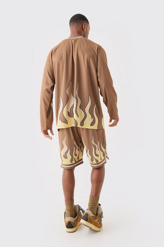 Mesh Basketball-Shorts mit Flammen-Print