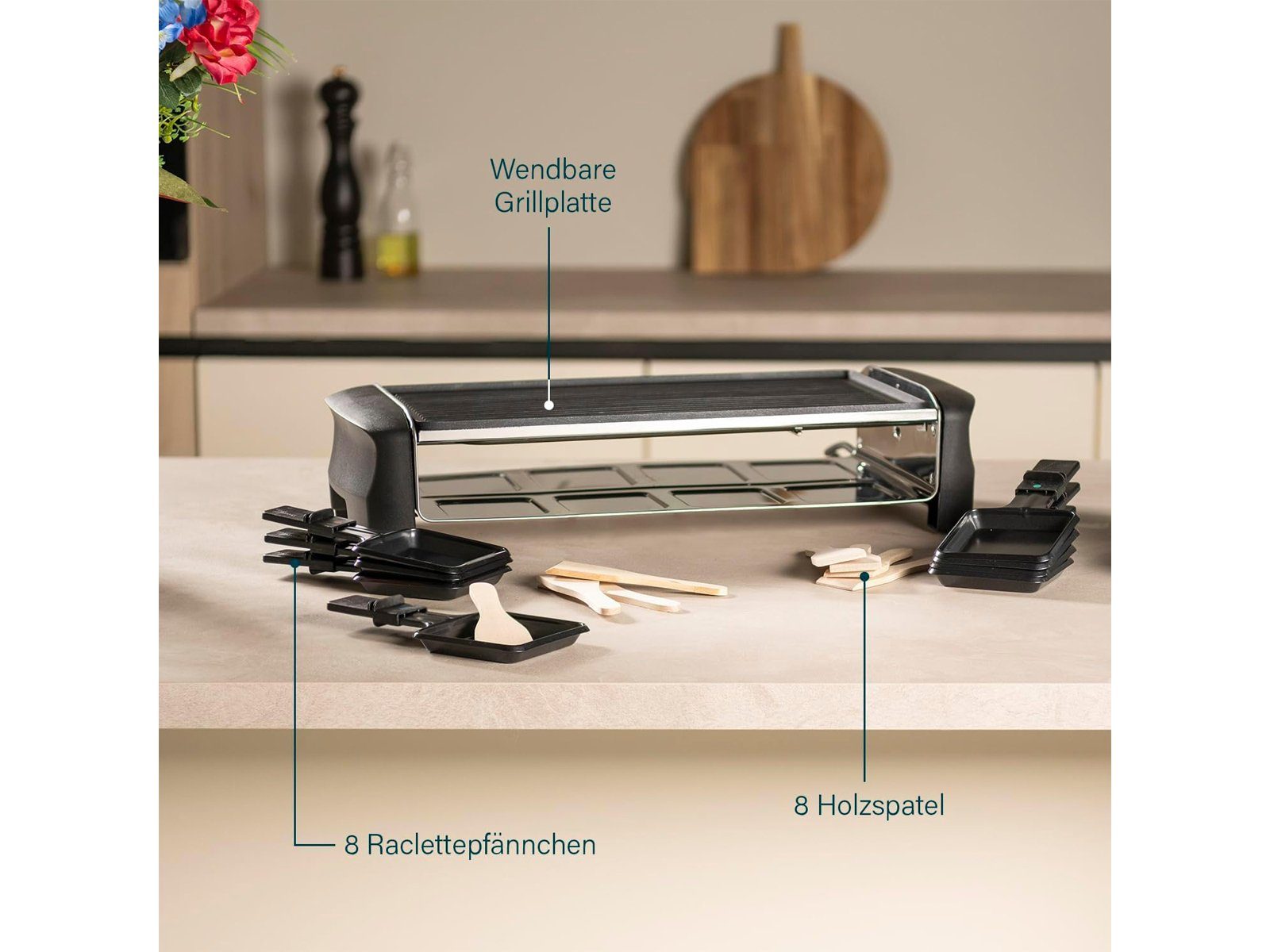 Setpoint Raclette, 8 Raclettepfännchen, 1400 W, großes XL Gerät für 2-8 Personen Tisch-Grill wendbare Platte & Gabeln