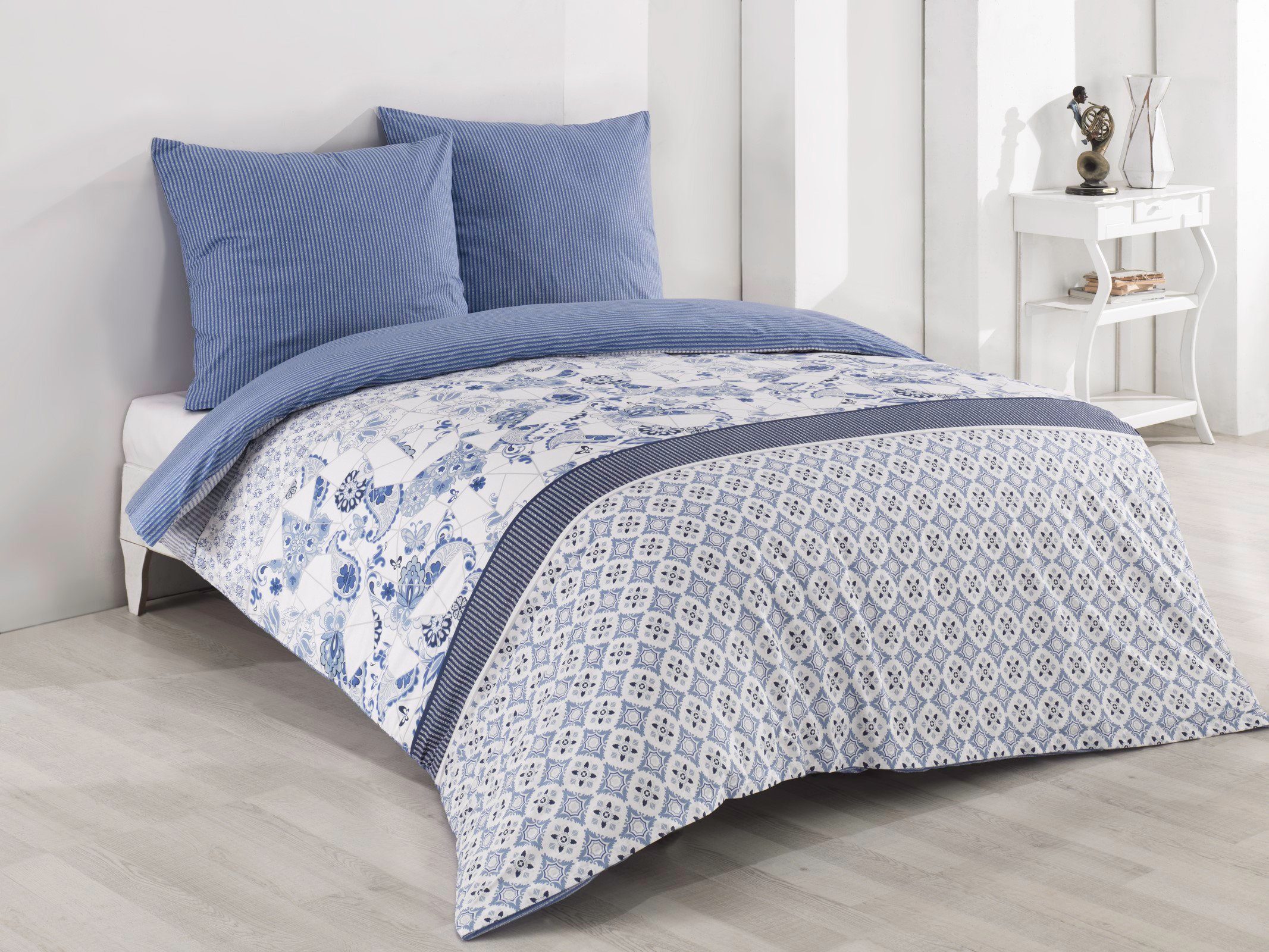 Bettwäsche Retro Paisley, One Home, Renforcé, 3 teilig, Baumwolle, Blumen und gestreift, Doppelbett