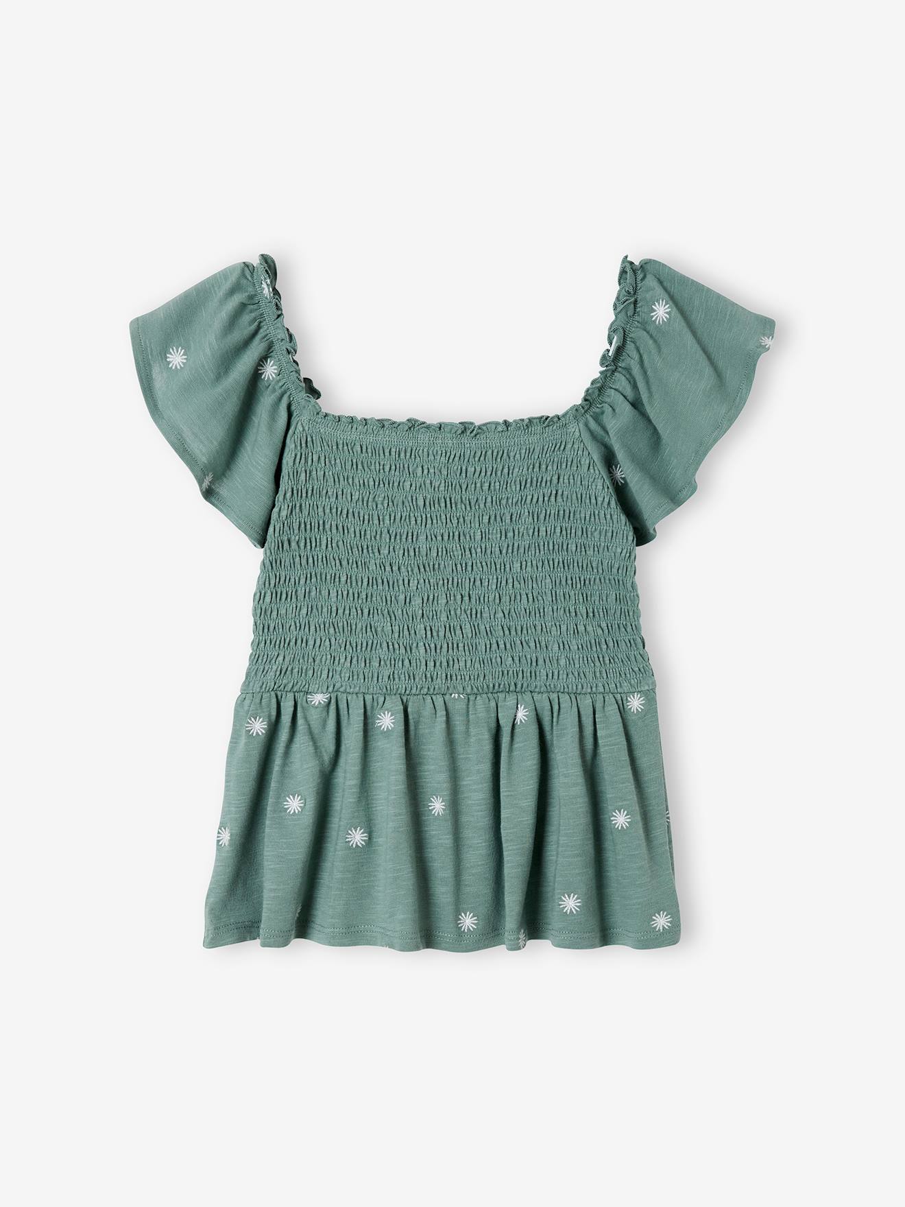 Tee-shirt à smocks fleurs brodées file vert
