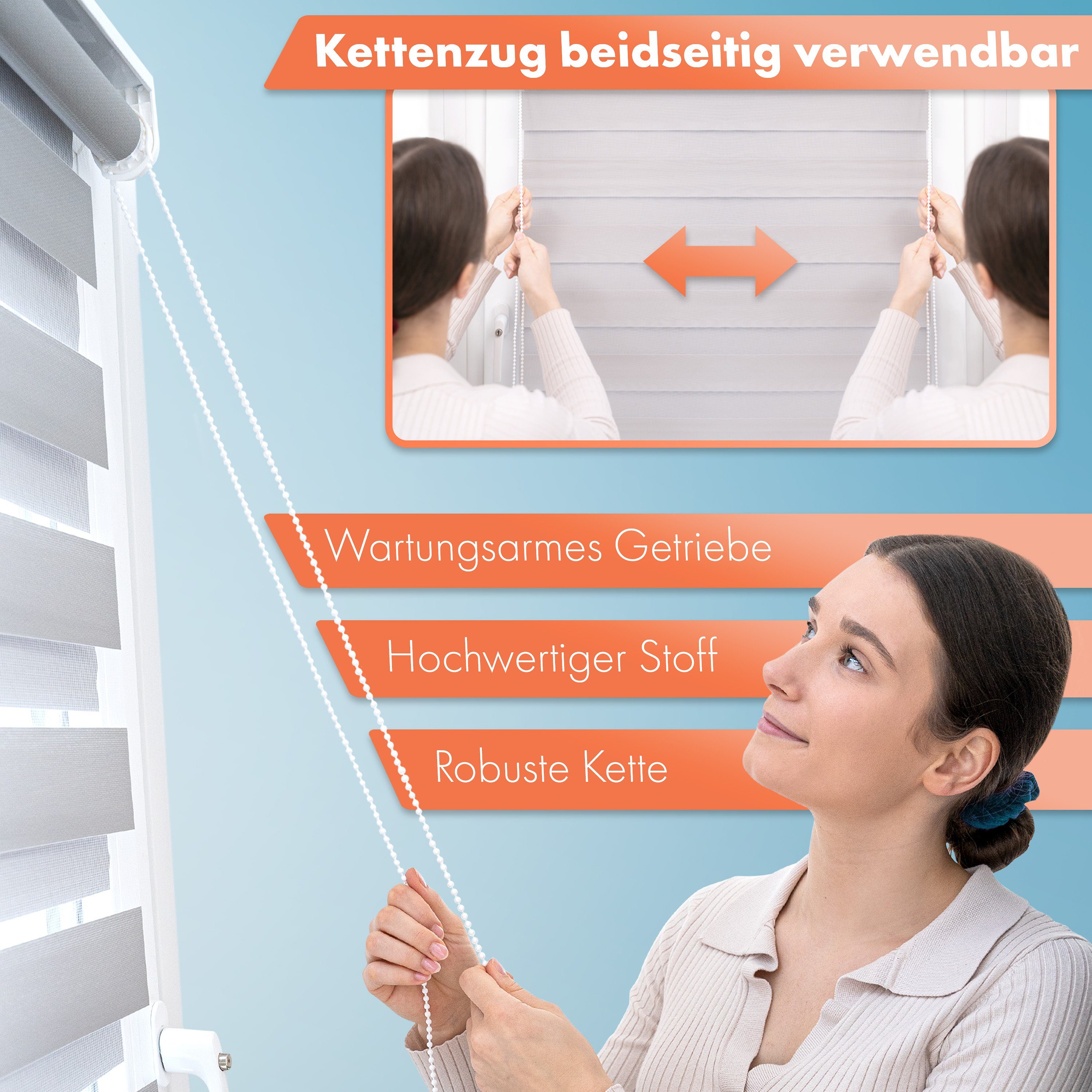 Doppelrollo mit Perlen, Mäander Ornamente Design, Bailena, Lichtschutz, ohne Bohren, freihängend, Klemmfix, glitzernd, Gardine mit Volant-Bordüre