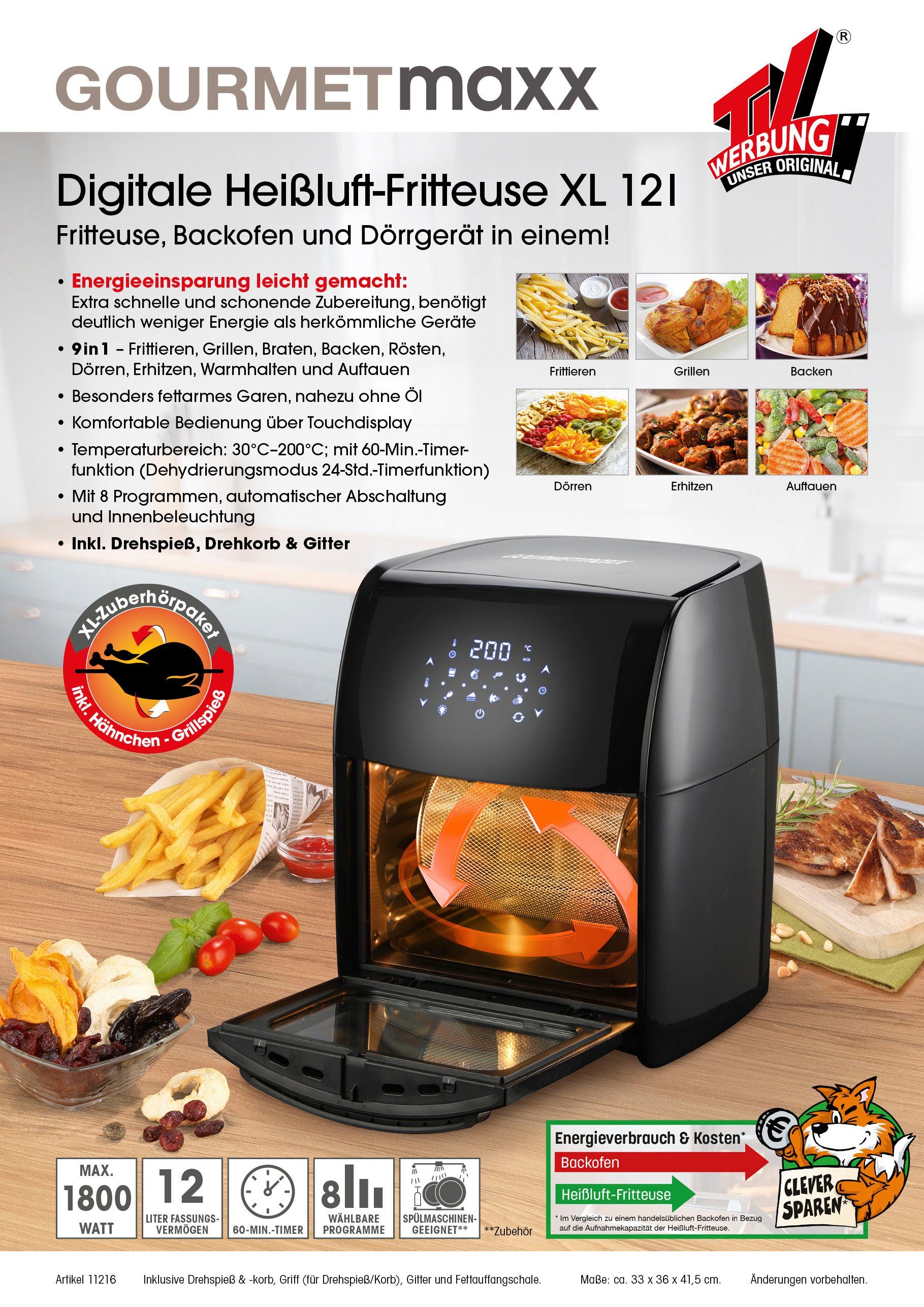 GOURMETmaxx Fritteuse Heißluft-Ofen 11216 Digital 12l, 1800 W