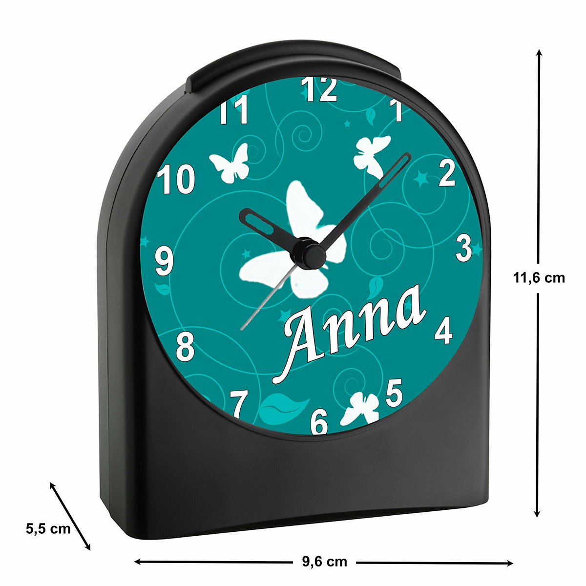 Kinder Funkwecker personalisiert mit Namen Schmetterling Ornamente Atom-/Funkuhr, 12-Stunden-Anzeigeformat, Schlummerfunktion, Nachtlicht, Geräuschlos/Ohne Ticken