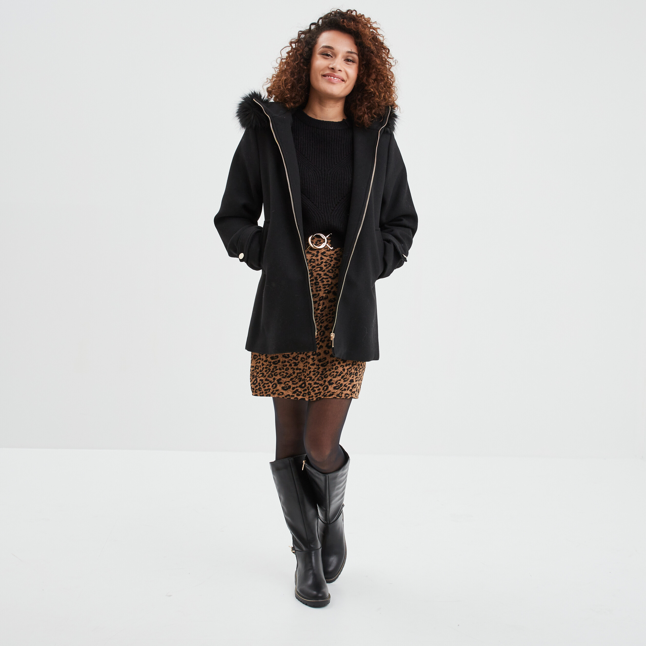 Manteau zippé à capuche fausse fourrure noir femme | La Halle