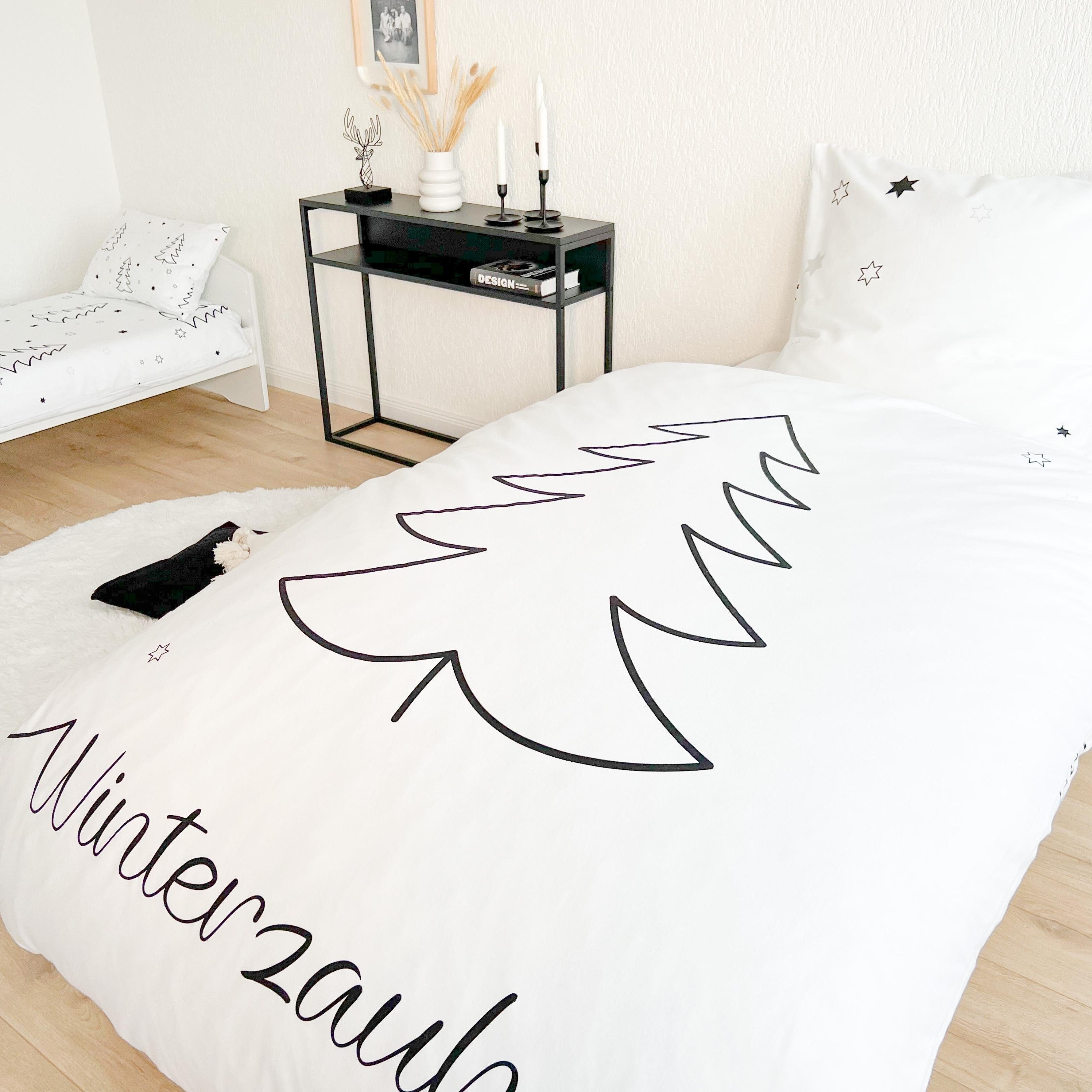 Bettwäsche Weihnachten Winterzauber, Tannenbaum und Sterne, Flanell, MTOnlinehandel, Biber, 2 teilig, 100% Baumwolle in Biber, 80x80 + 135x200 cm