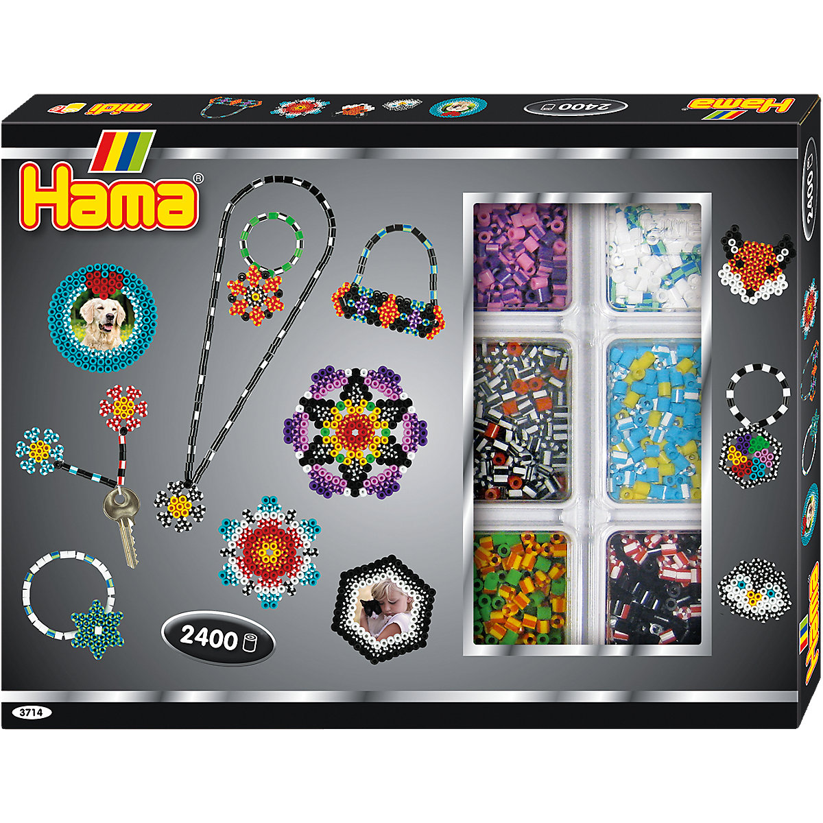 HAMA 3714 Kreativbox gestreifte Perlen, 2.400 midi-Perlen & Zubehör