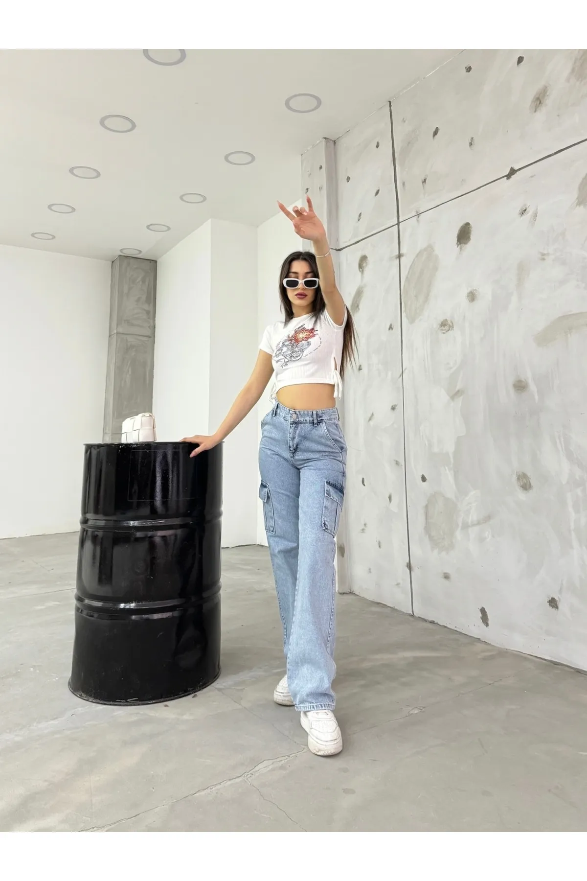 BİKELİFE  Hellblaue Cargohose mit hoher Taille und weitem Bein für Damen