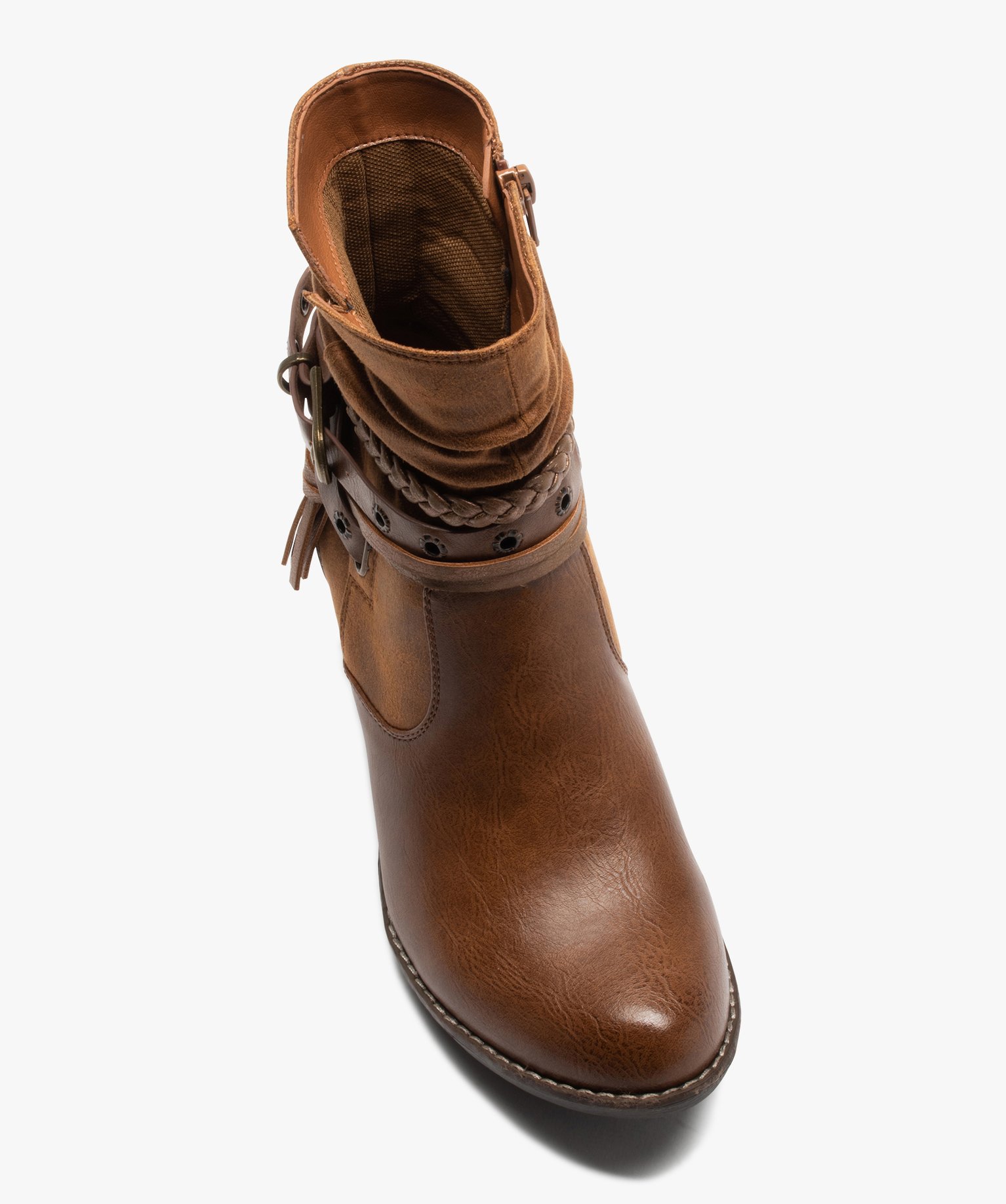 Boots femme à talon rainuré et brides fantaisie camel | GEMO