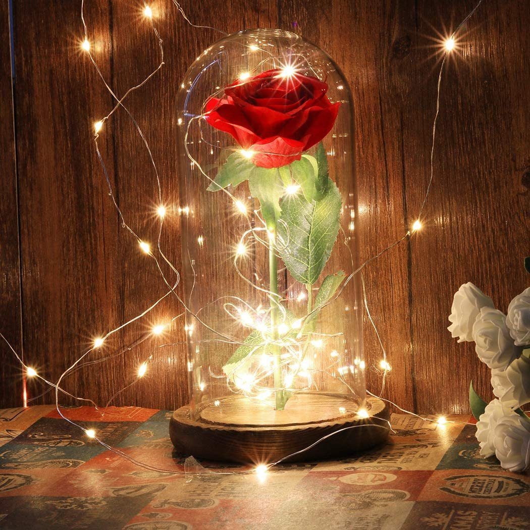 Kunstblume Ewige Rose im Glas mit Licht, AKKEE, Höhe 21.8 cm, Rosen Geschenke für Frauen für Valentinstag, Muttertag, Jahrestag