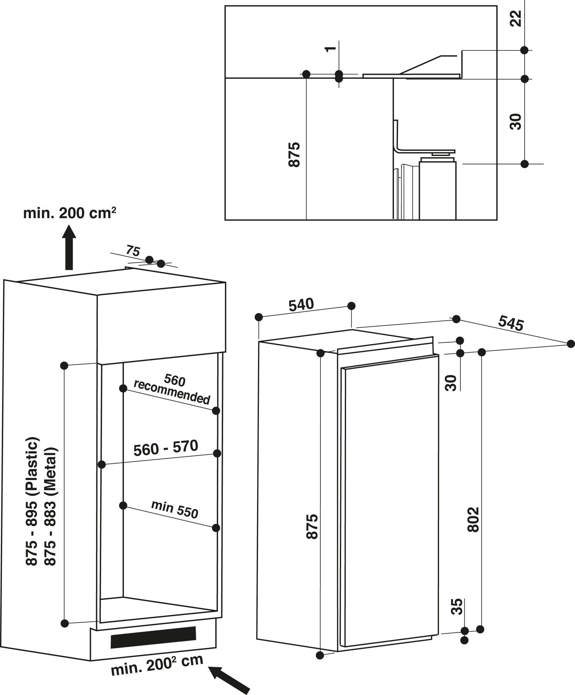BAUKNECHT Einbaukühlschrank KSI 9VF2, 87,5 cm hoch, 54 cm breit