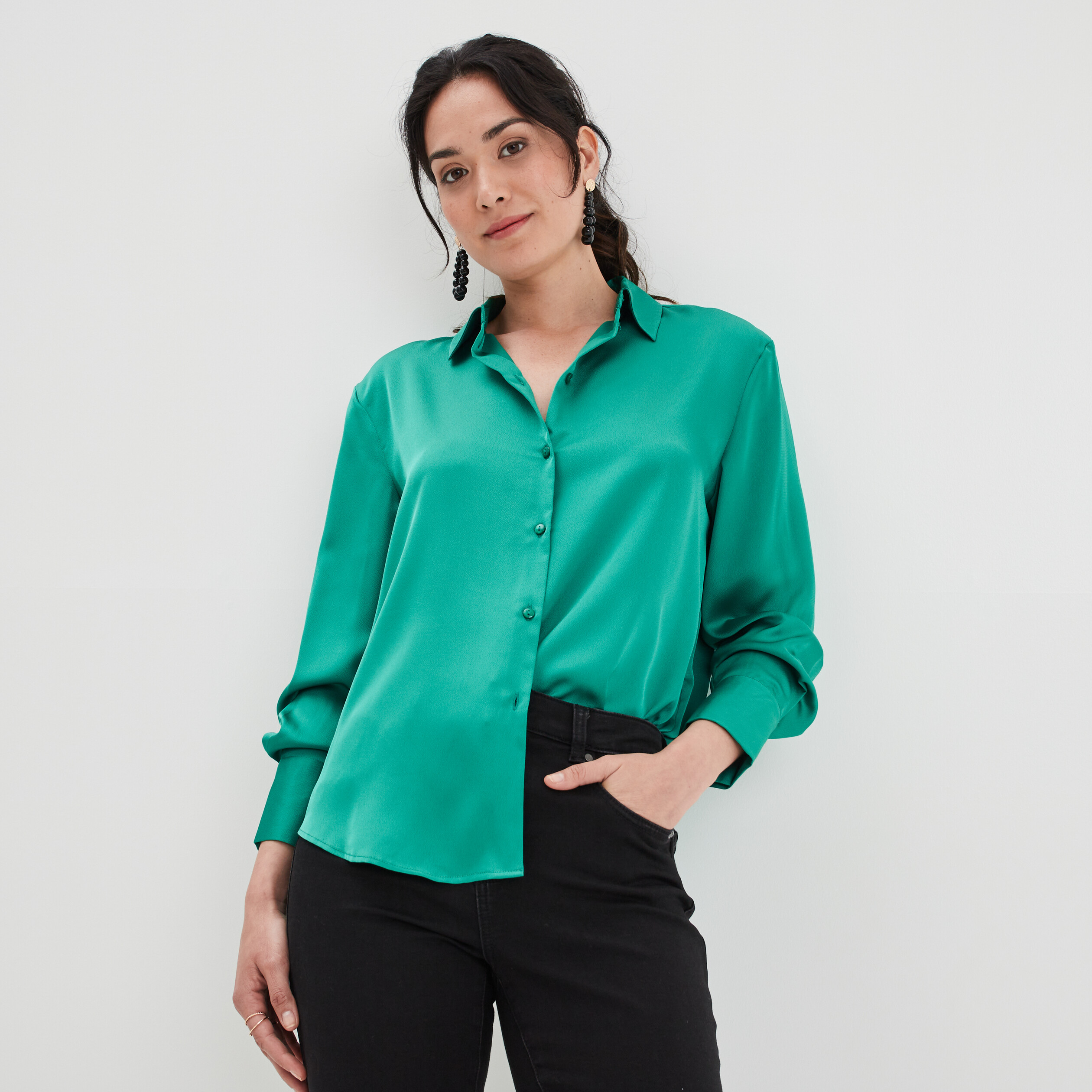 Chemise satin manches longues vert émeraude femme | La Halle