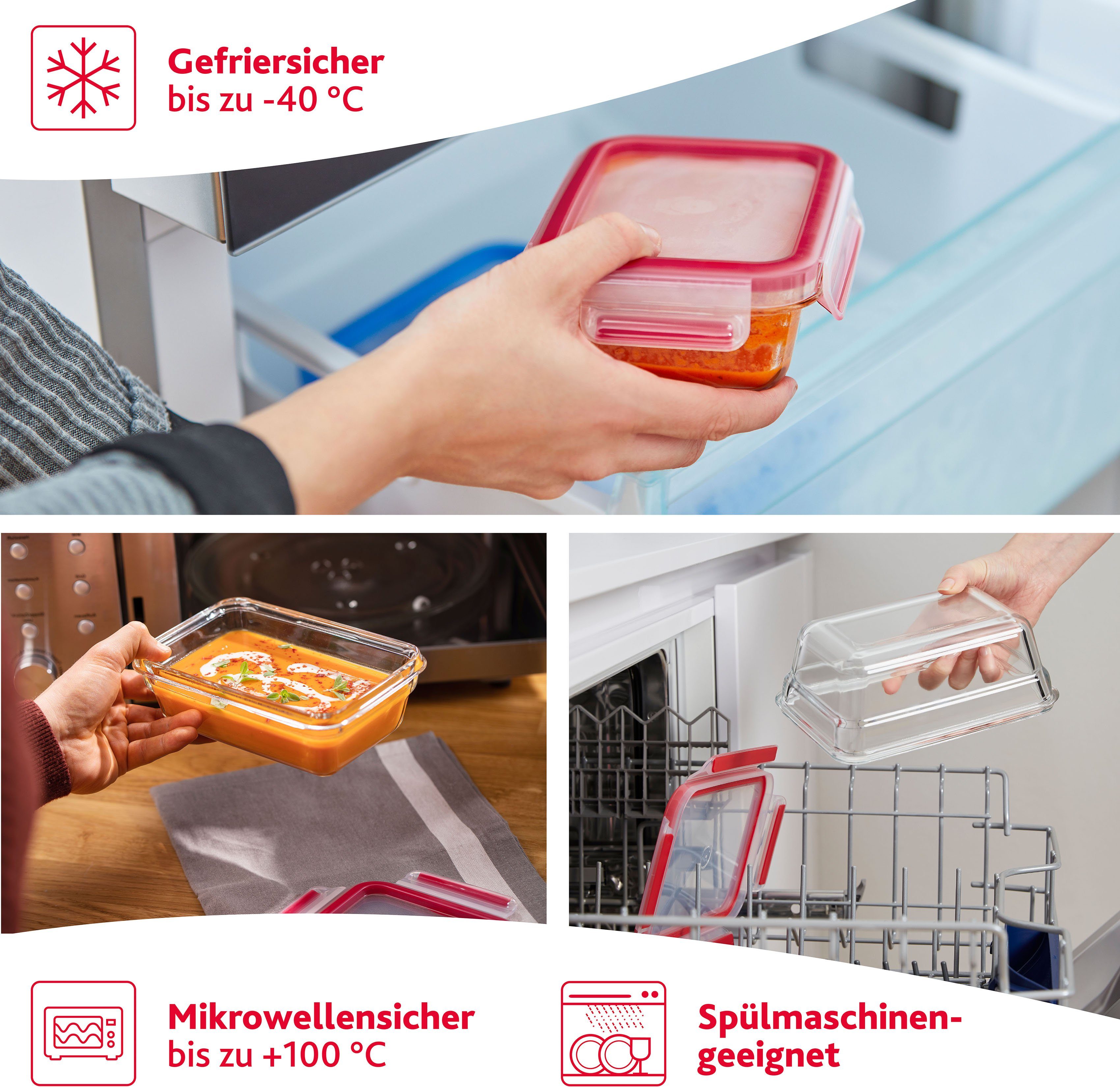 Emsa Frischhaltedose Clip & Close Glas, Glas, Kunststoff, (Set, 3-tlg), 3x0,45L, gefrier-, backofen-, mikrowellen- und spülmaschinenfest