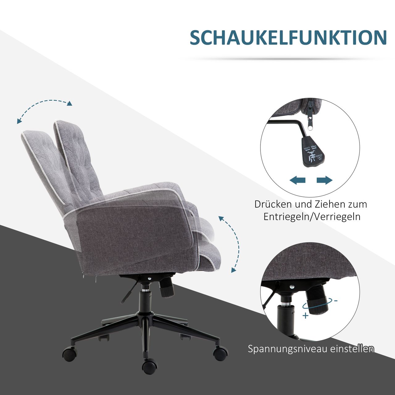 HOMCOM Bürostuhl mit Wippfunktion Drehstuhl Home-Office-Stuhl höhenverstellbarer Schreibtischstuhl ergonomisch 360°-Drehräder Schaumstoff Dunkelgrau 66 x 69 x 89,5-97 cm