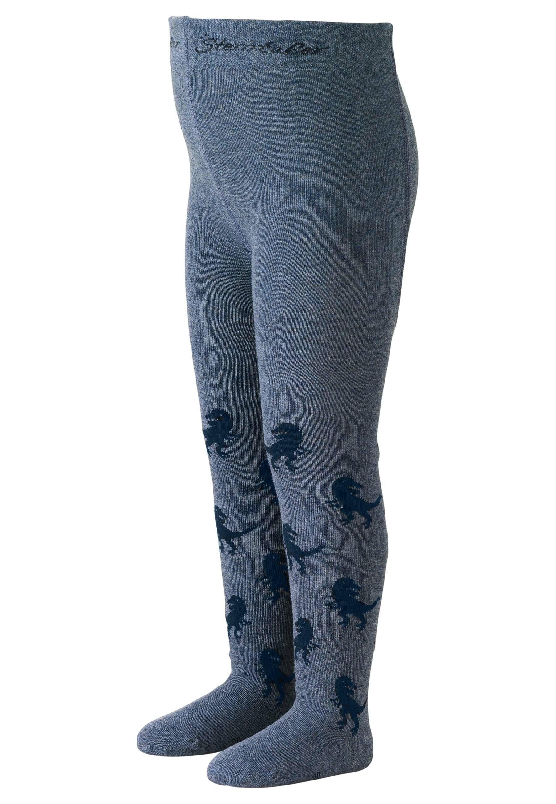 Strumpfhose T-Rex in Blau melange mit grauen Dinos