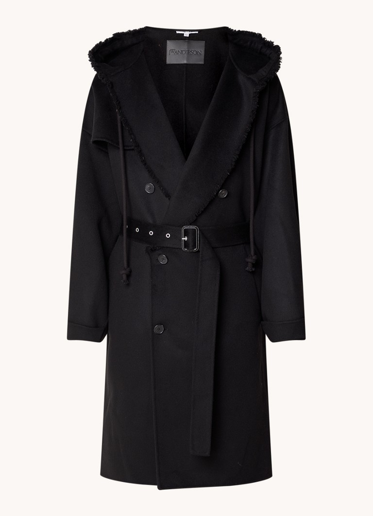 JW Anderson Ylisuuri kaksirivinen lampaannahkatrenssitakki hupulla ja vyöllä