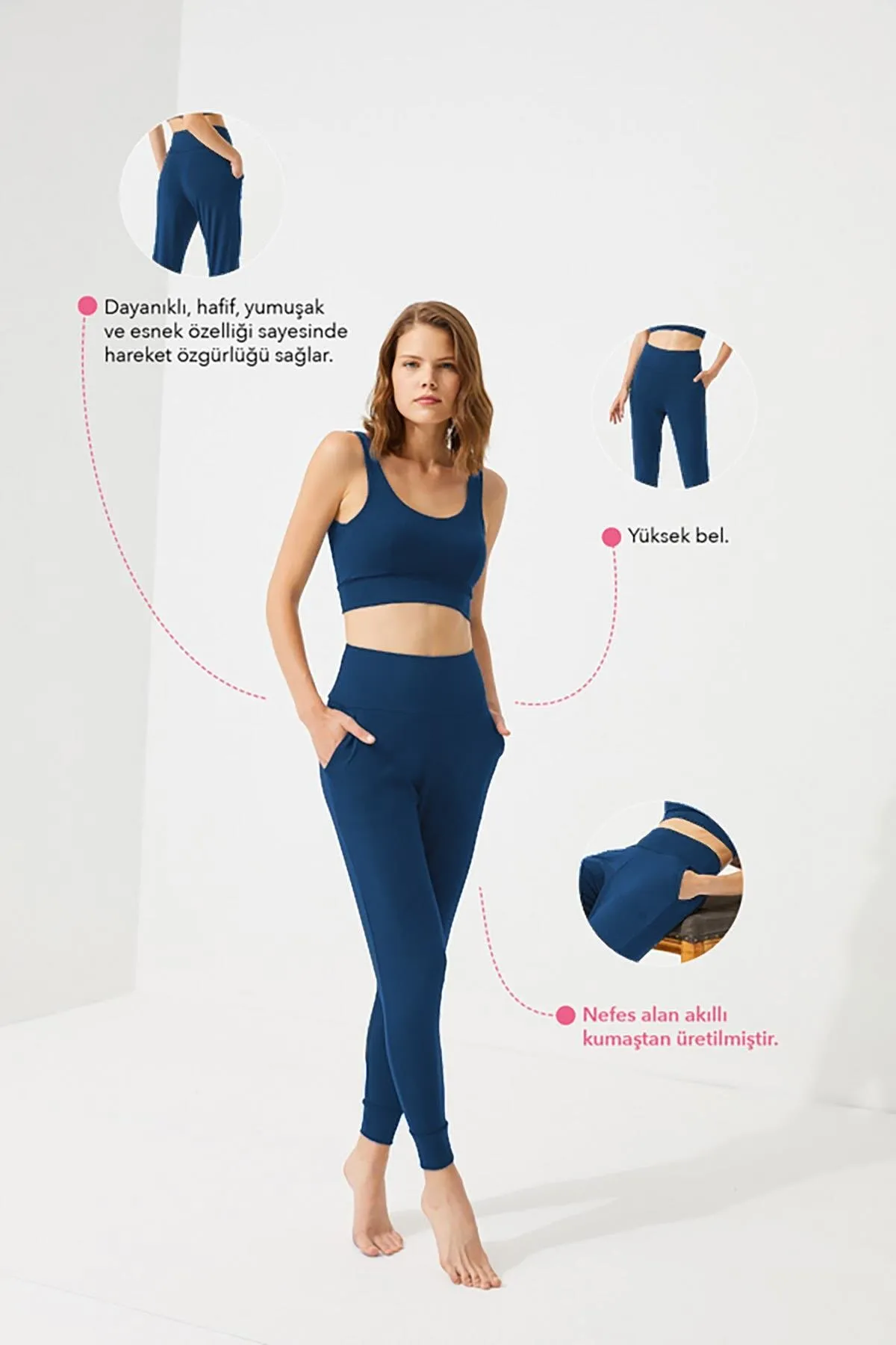 Cottonhill  Marineblaue Damen-Jogger-Jogginghose mit hoher Taille und doppelten Taschen