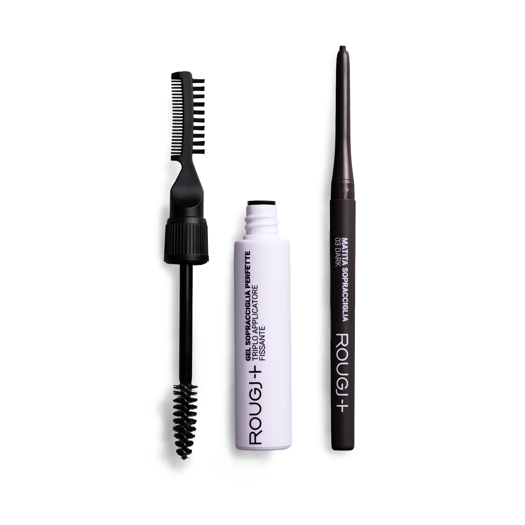 Kit perfecto para cejas: lápiz de cejas, gel para cejas y máscara de pestañas.