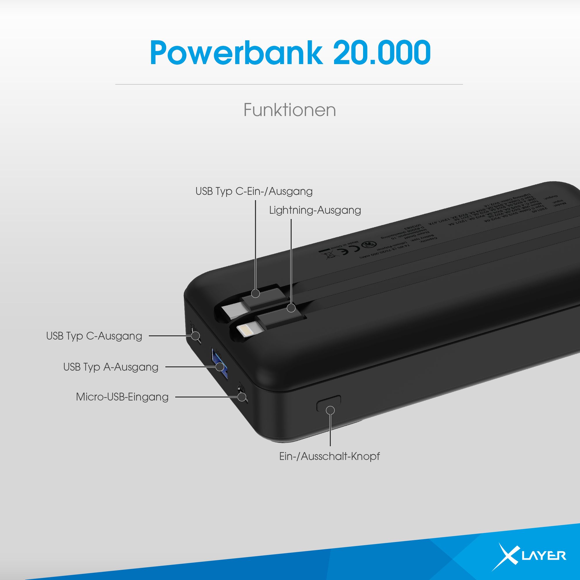 XLayer 20.000 mAh Powerbank mit 2 Kabel