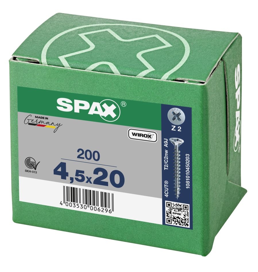 SPAX 1081010450203 Универзални вијак 4,5 x 20 мм, Пуни навој, Упуштена глава, Крстасти навој Z2 - 200 комада