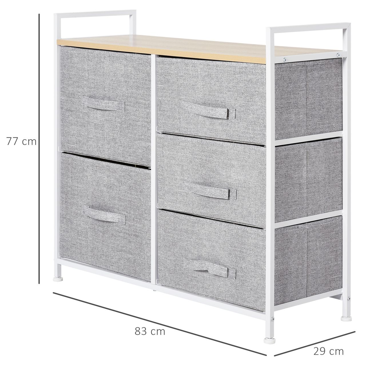 HOMCOM Schubladenschrank, Aufbewahrungsschrank, Stoffkommode mit 5 Stoffschubladen, Stoff  Holz  Metallrahmen, Grau, 83 x 29 x 77 cm