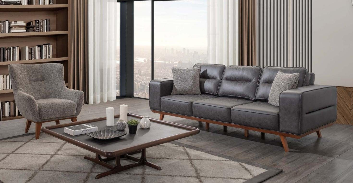 JVmoebel Wohnzimmer-Set Graue Komplette Wohnzimmer Sofagarnitur 2x Dreisitzer Sessel 3tlg Set, (3-St., 2x Sofa 3-Sitzer/Sessel), Made in Europa