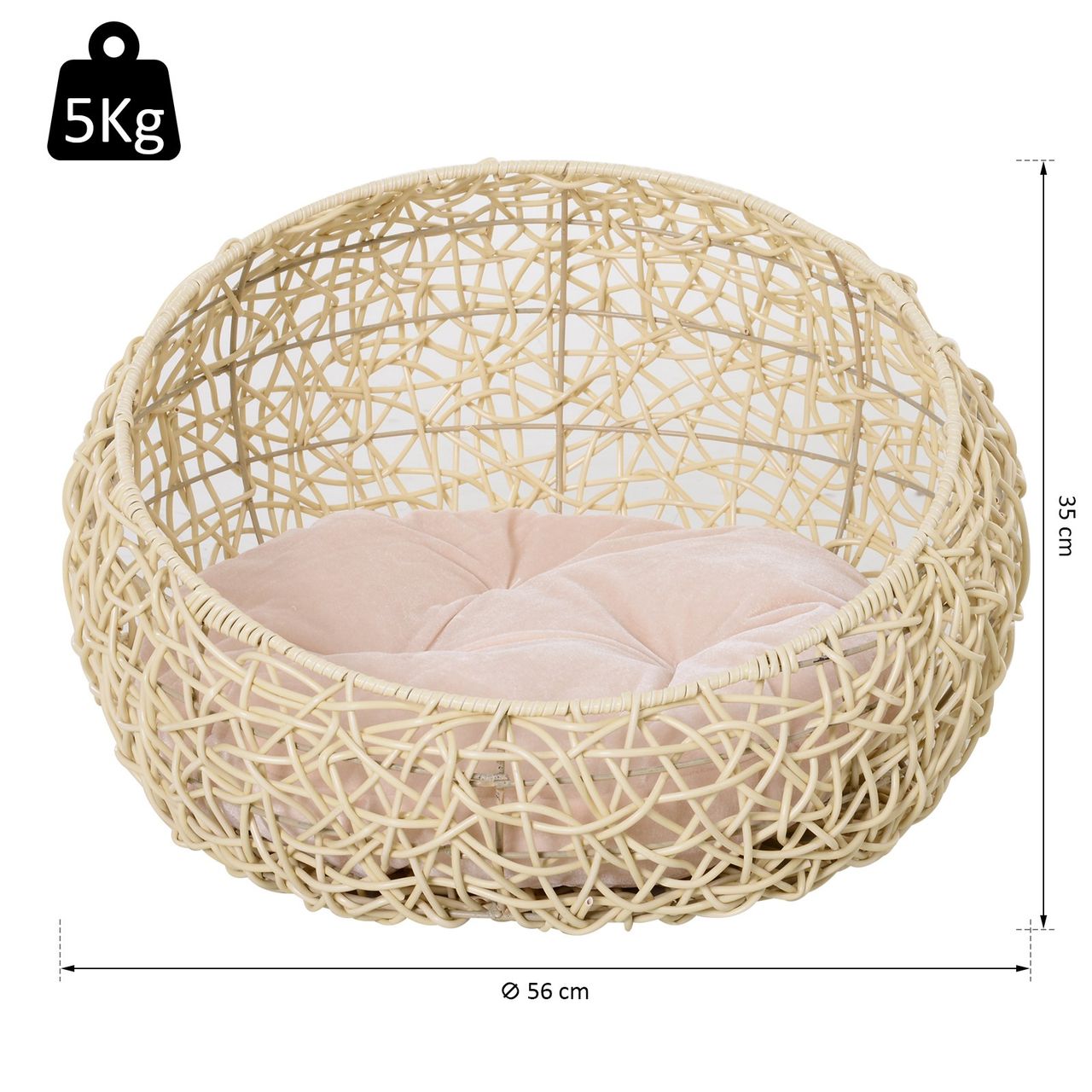 PawHut Katzenbett aus Rattan mit Kissen Katzenhöhle Hundehütte Beige Ø56 x 35 cm