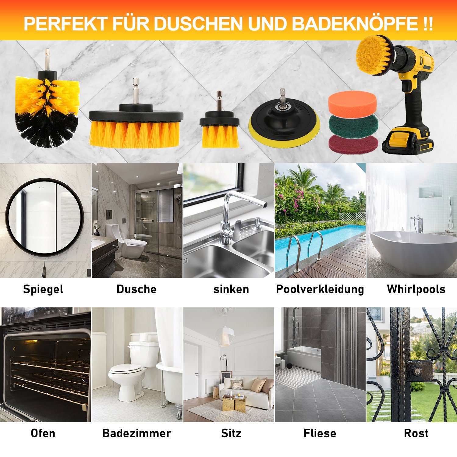 Lospitch Reinigungsbürsten-Set Bürstenaufsatz Bohrmaschine Set 3 PCS/10 PCS/18 PCS, Fliesen, Küchenwänden, Böden, Autos, Wohnzimmerteppichen, Badewannen, Autorädern, (Spar-Set, 3-tlg., Putzgeräte für den Haushalt), Automobil,Badezimmer,Essgeschirr,Fl