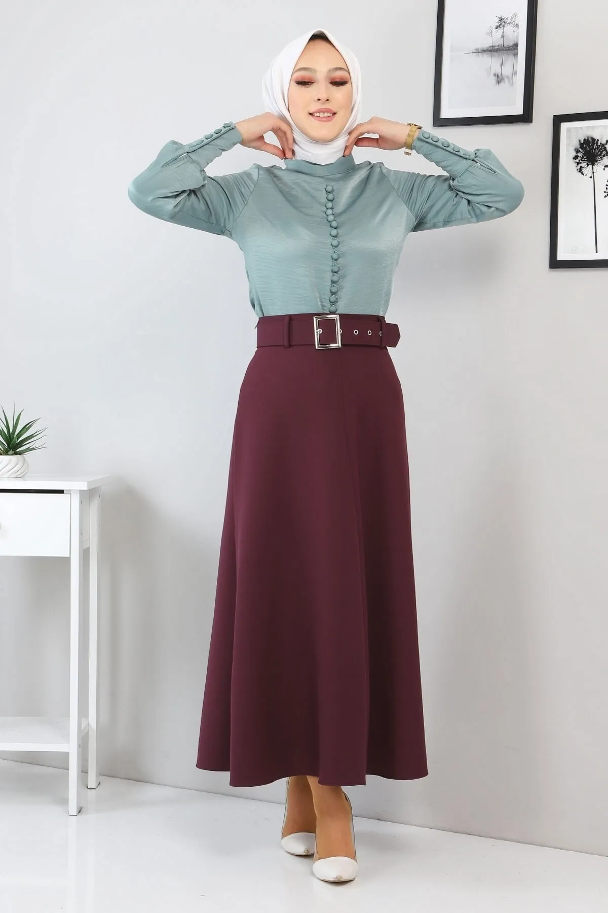Modamihram  Rockanzug mit Knopfdetail, Mintgrün 10626