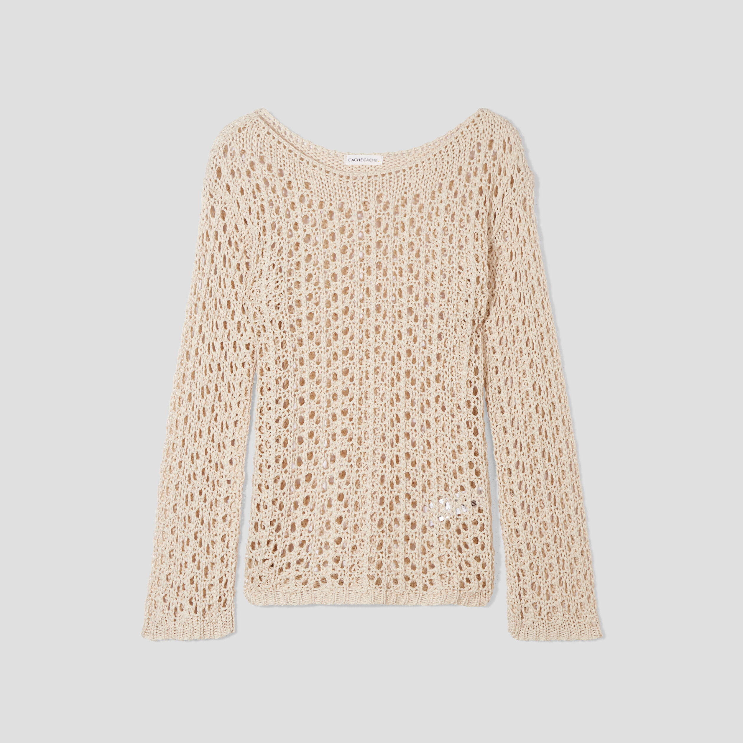 Pull crochet manches longues ivoire femme | Cache Cache