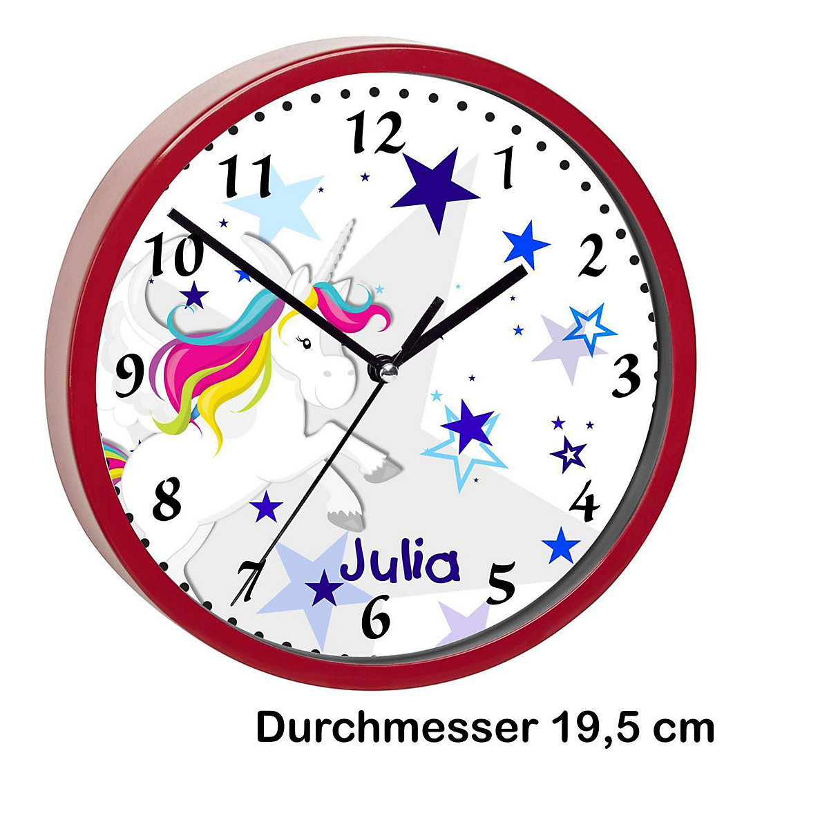 Kinder Wanduhr laufruhig personalisiert mit Name Pegasus Sterne Blau