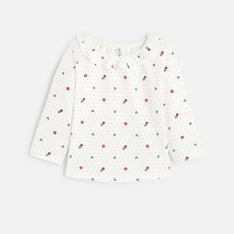 Tee-shirt fleuri col à volants rose bébé fille