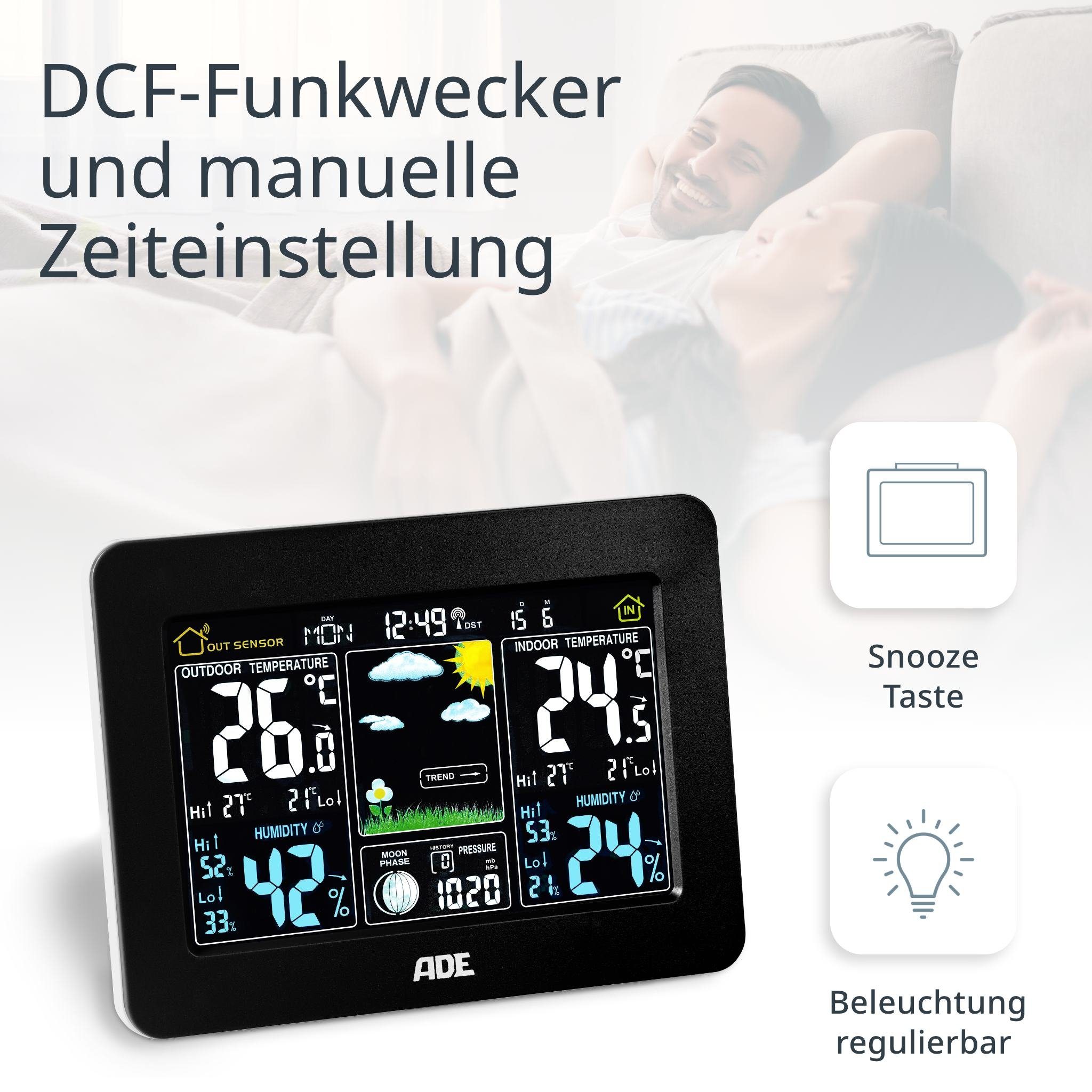 ADE Wetterstation Funk mit Außensensor und Vorhersage Funkwetterstation (mit Luftdruckanzeige, LED-Farbdisplay, Weckfunktion, beleuchtet)