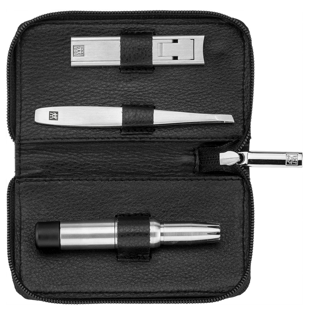 Schwarzes Leder-Etui mit Reißverschluss 3-tlg. aus hochwertigem Leder