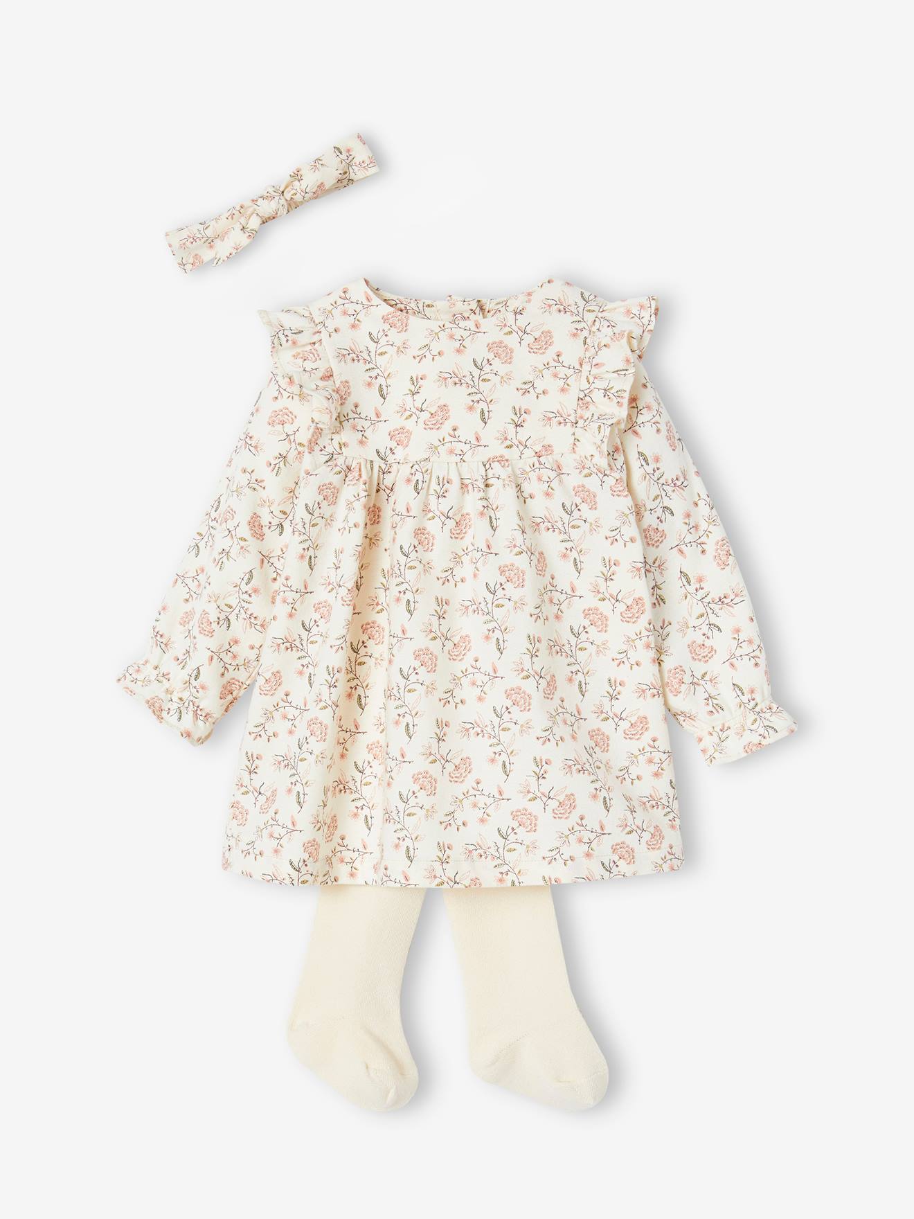 Ensemble 3 pièces bébé robe, collants et son bandeau assorti écru