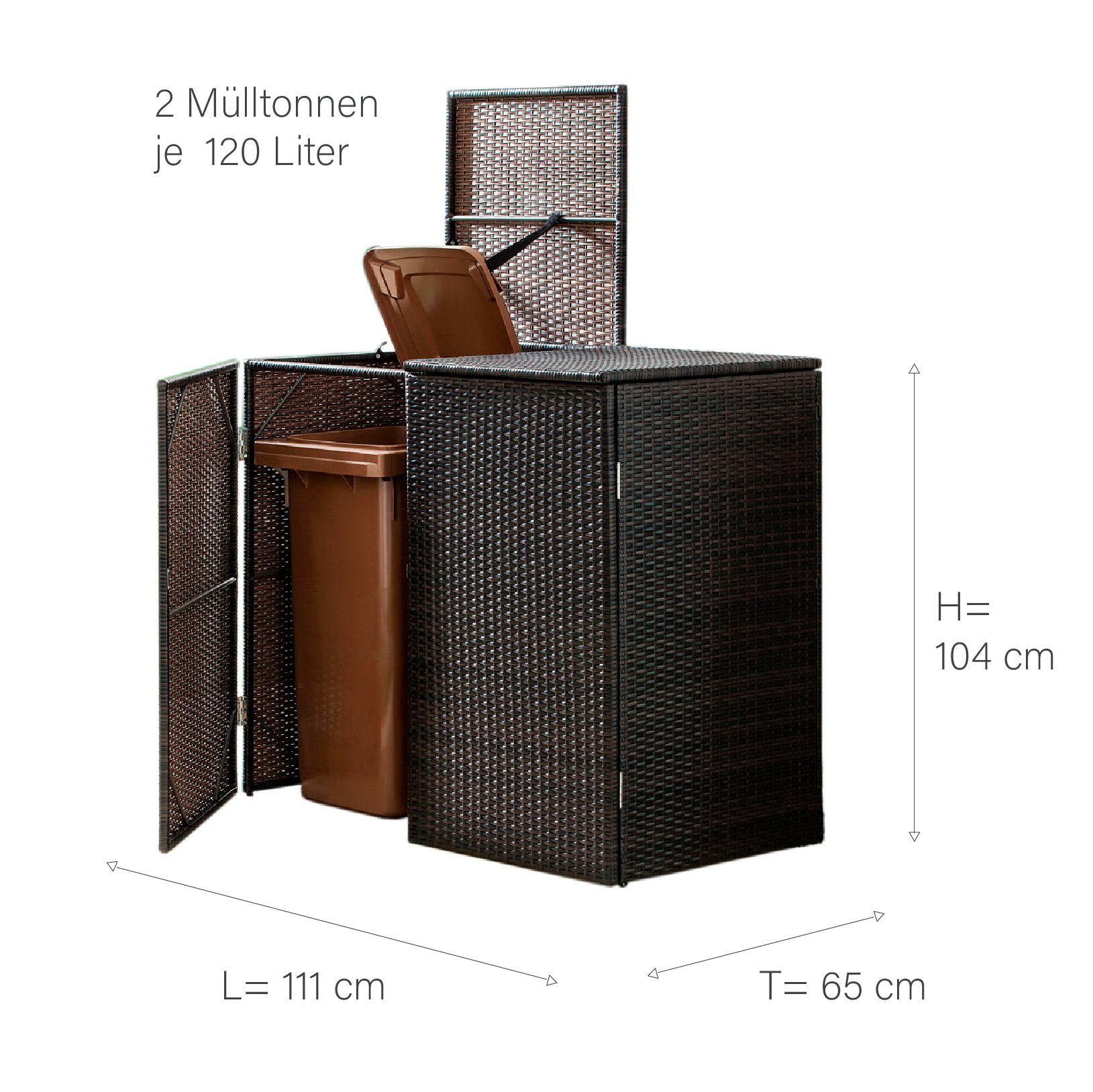 Green Yard Mülltonnenbox Mülltonnenabdeckung 2 Mülltonnen 111 x 65 x 104 cm Rattan-Optik (1 Stück, Mit Magnetverschluss), Deckel und Vorderseite zum Öffnen