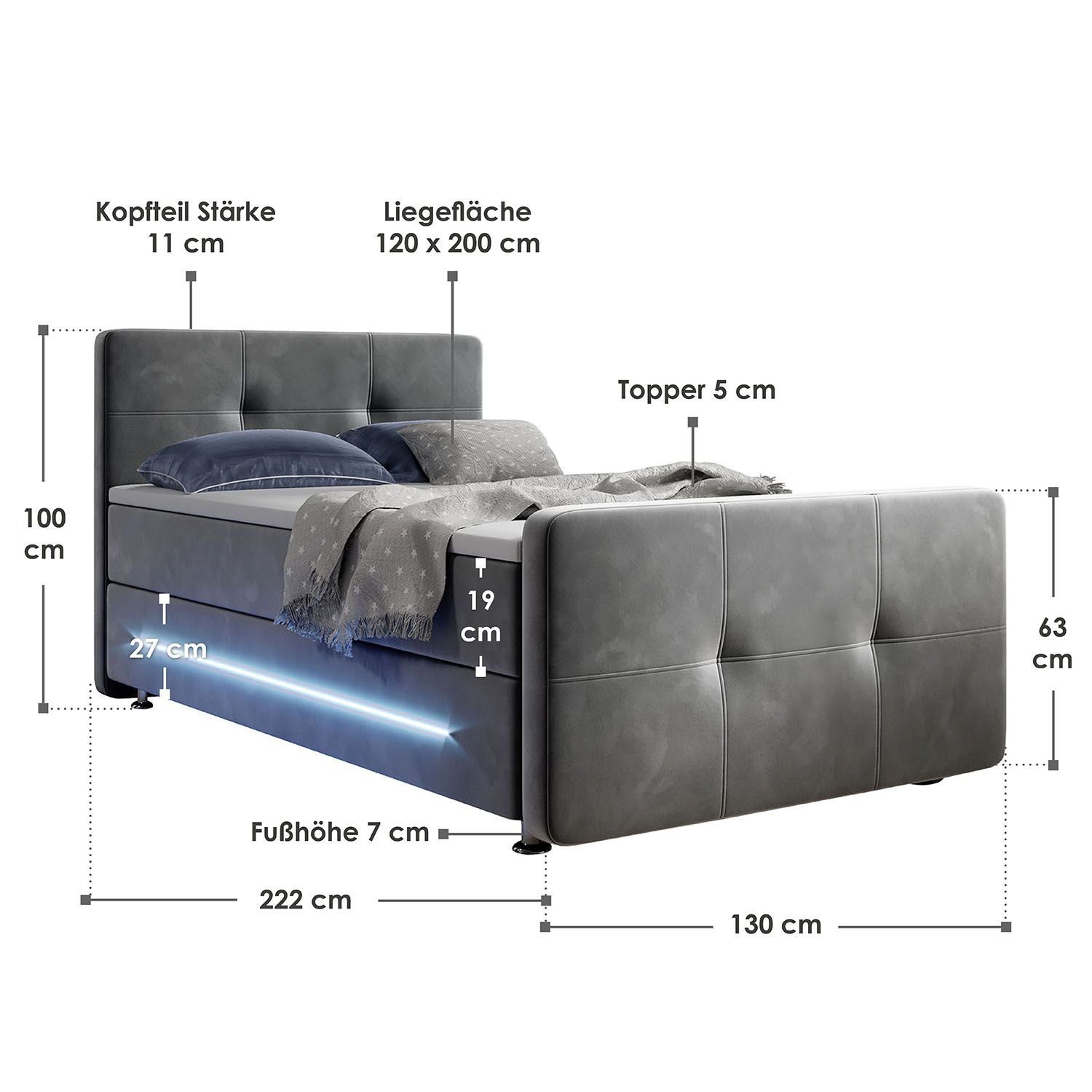 Juskys Boxspringbett Houston, 120x200 cm, Bonell-Federkernmatratzen, Topper, LED-Beleuchtung