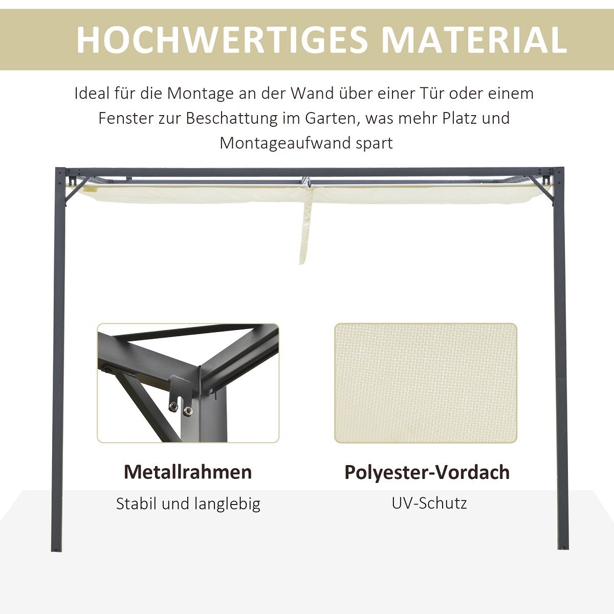 Outsunny Pergola 3 x 3 m mit Stoffdach wetterfest Wand Anbau Polyester Creme
