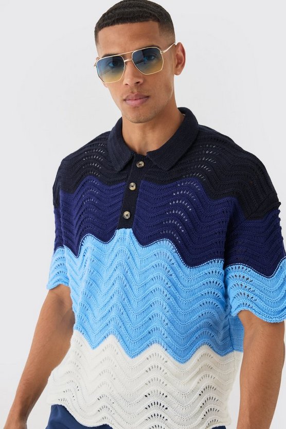Kastiges gehäkeltes Oversize Ombre Poloshirt