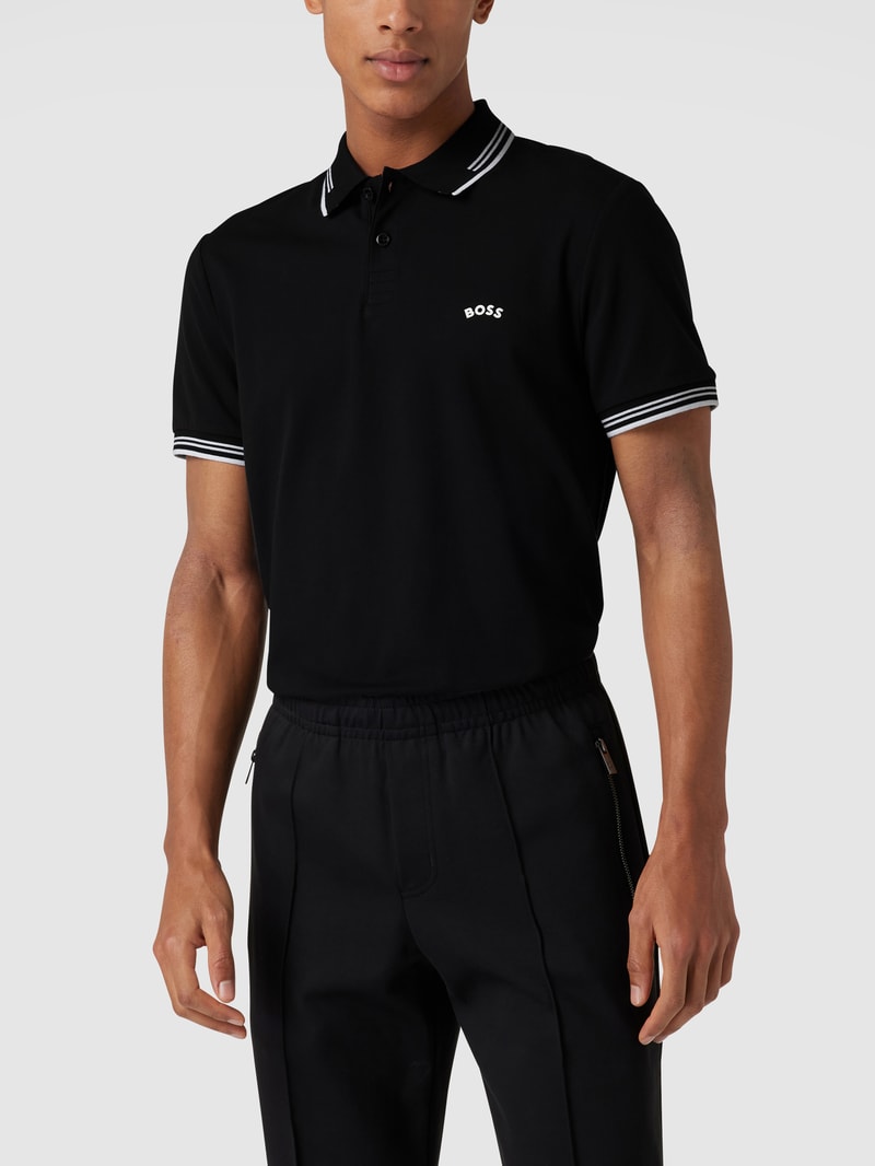 Slim Fit Poloshirt mit Kontraststreifen Modell 'Paul Curved' in schwarz