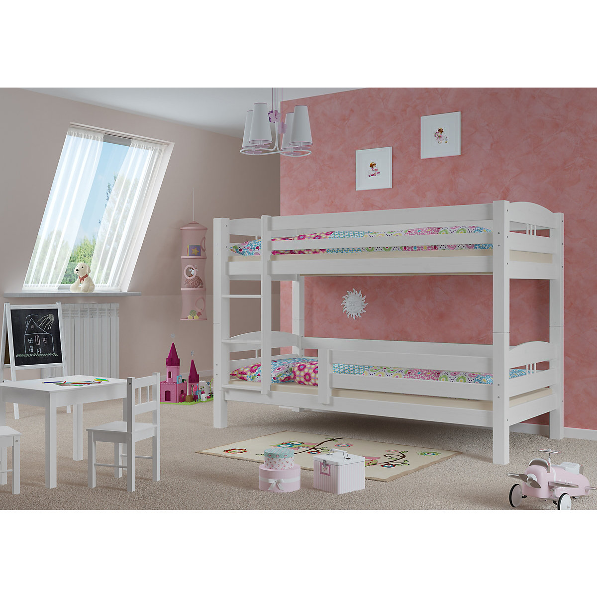 Kinderetagenbett 90x200 Kiefer weiß mit Rausfallschutz