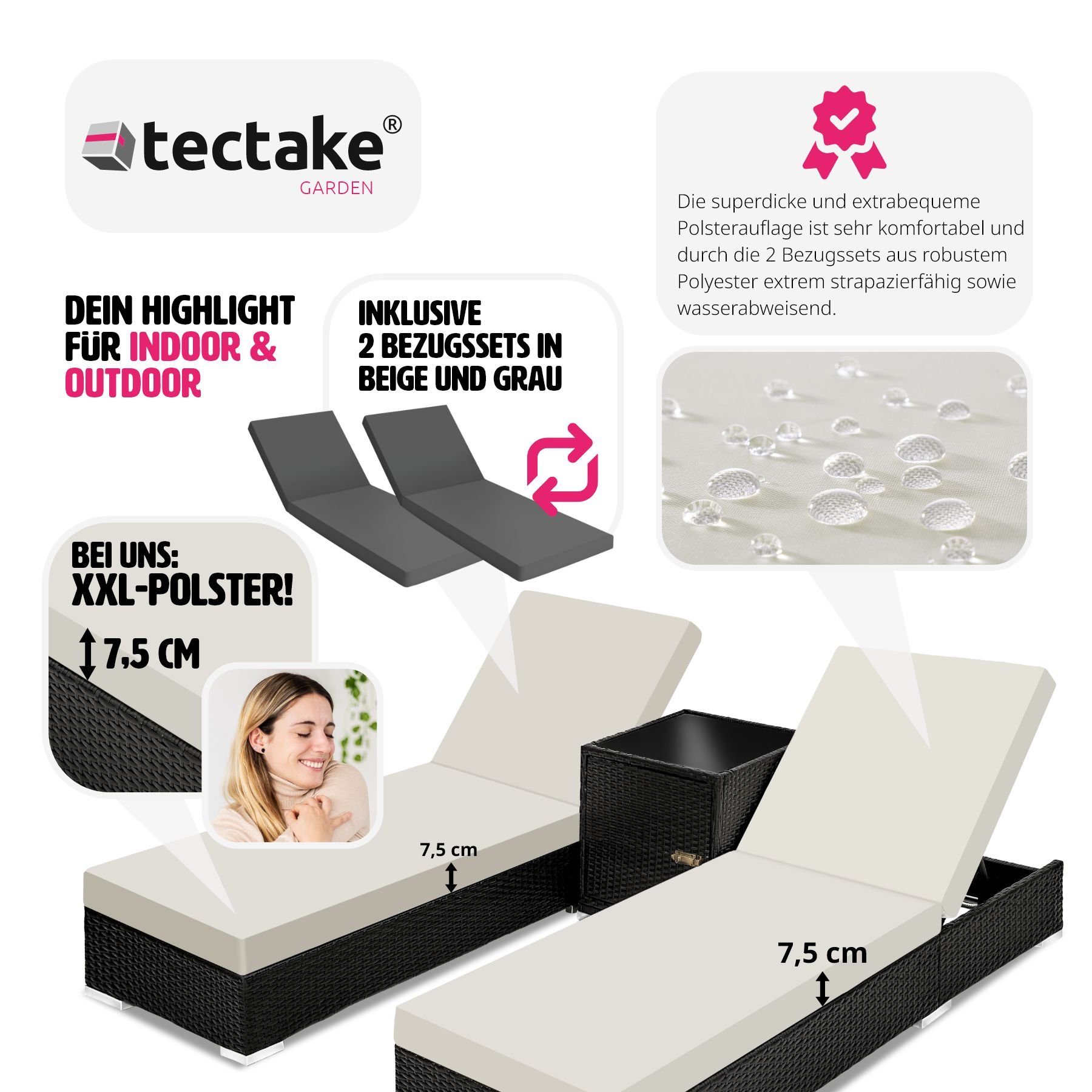 tectake Gartenliege 2 Sonnenliegen Rattan mit Aluminiumgestell und, 1, 1 St., 1tlg., Überdachung