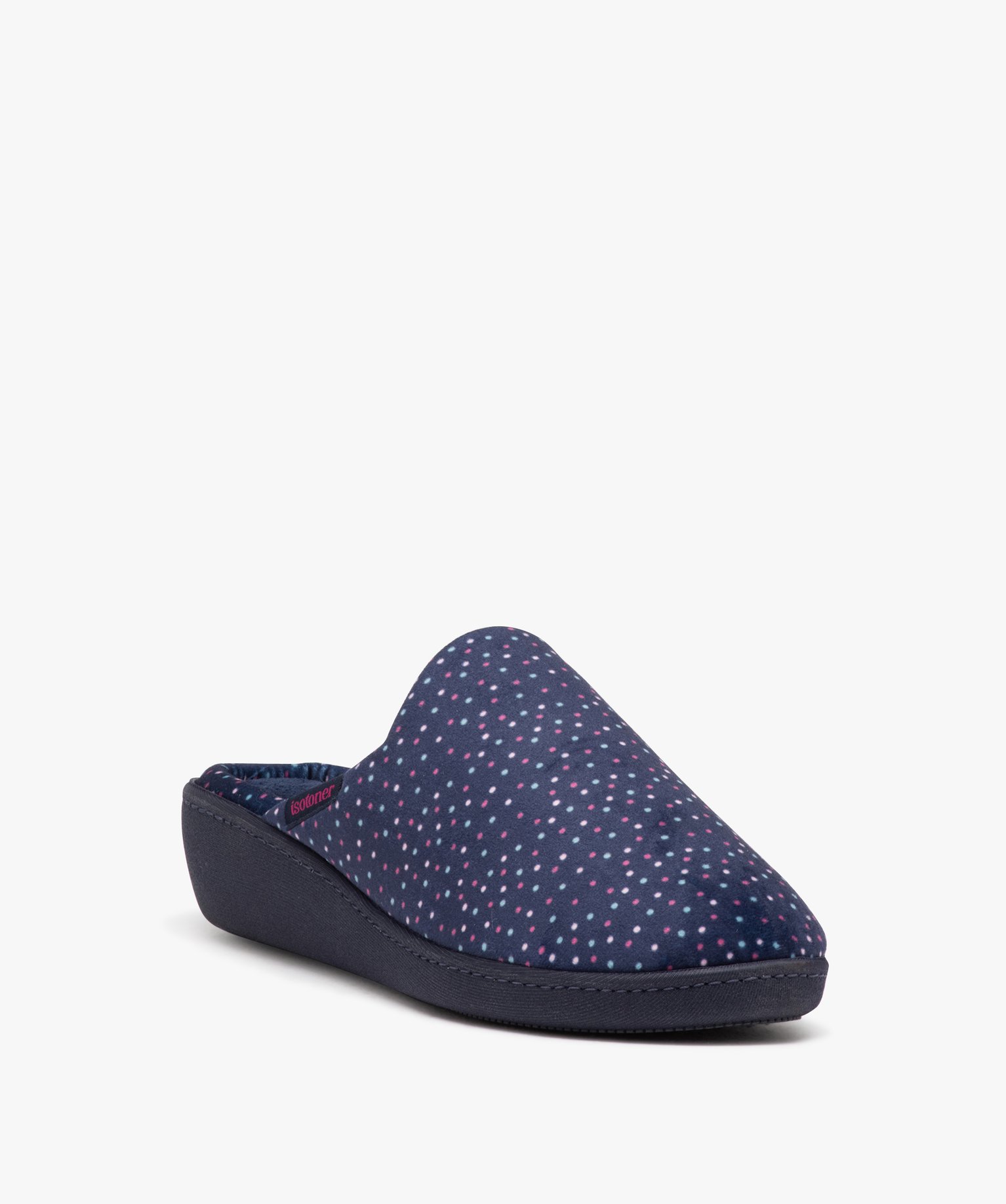 Chaussons femme mules à talon compensé en velours - Isotoner marine | GEMO