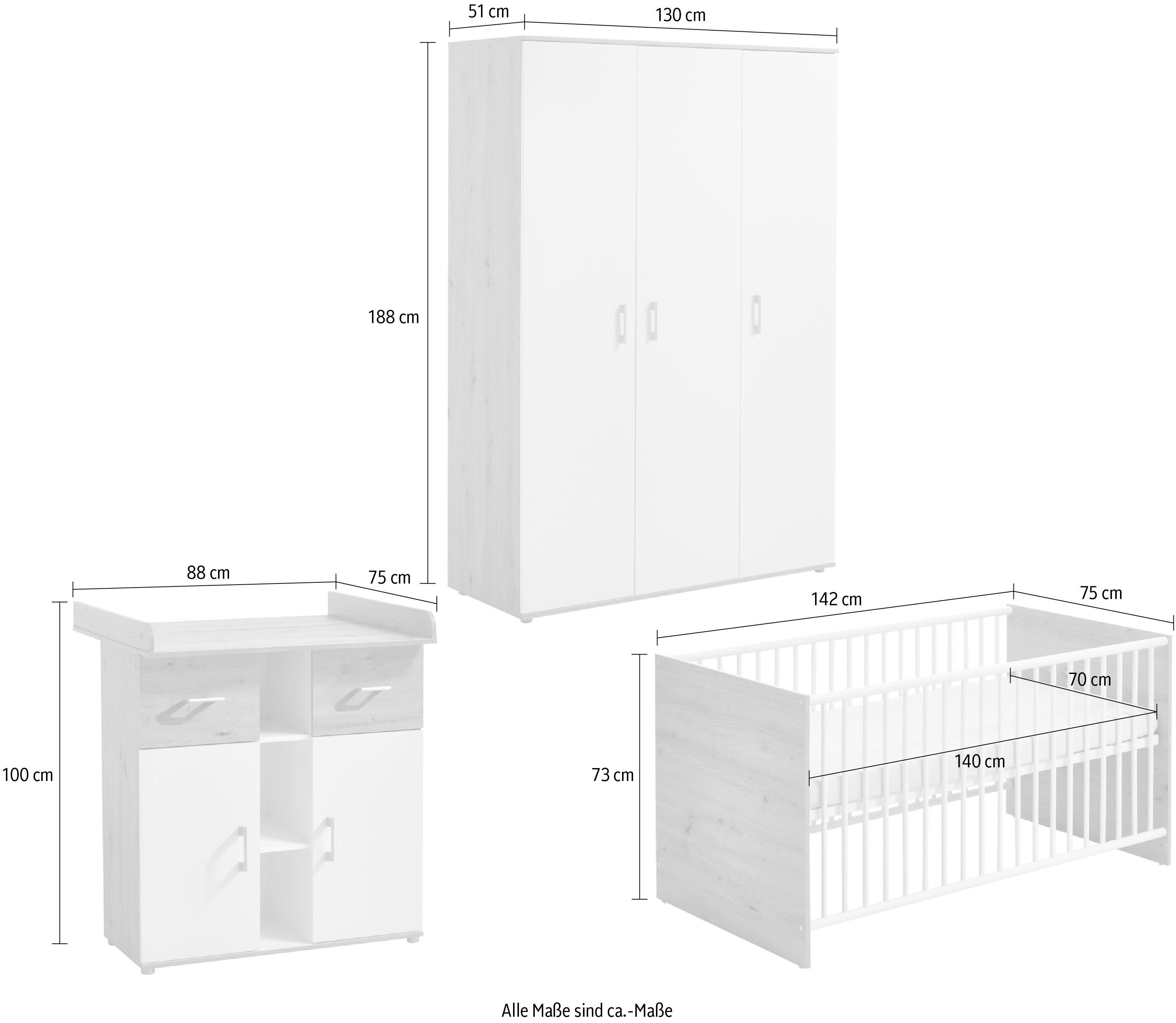 arthur berndt Babyzimmer-Komplettset Babyzimmer-Set Matheo 3-teilig, (Set, 3-St), bestehend aus Kleiderschrank, Kinderbett und Wickelkommode