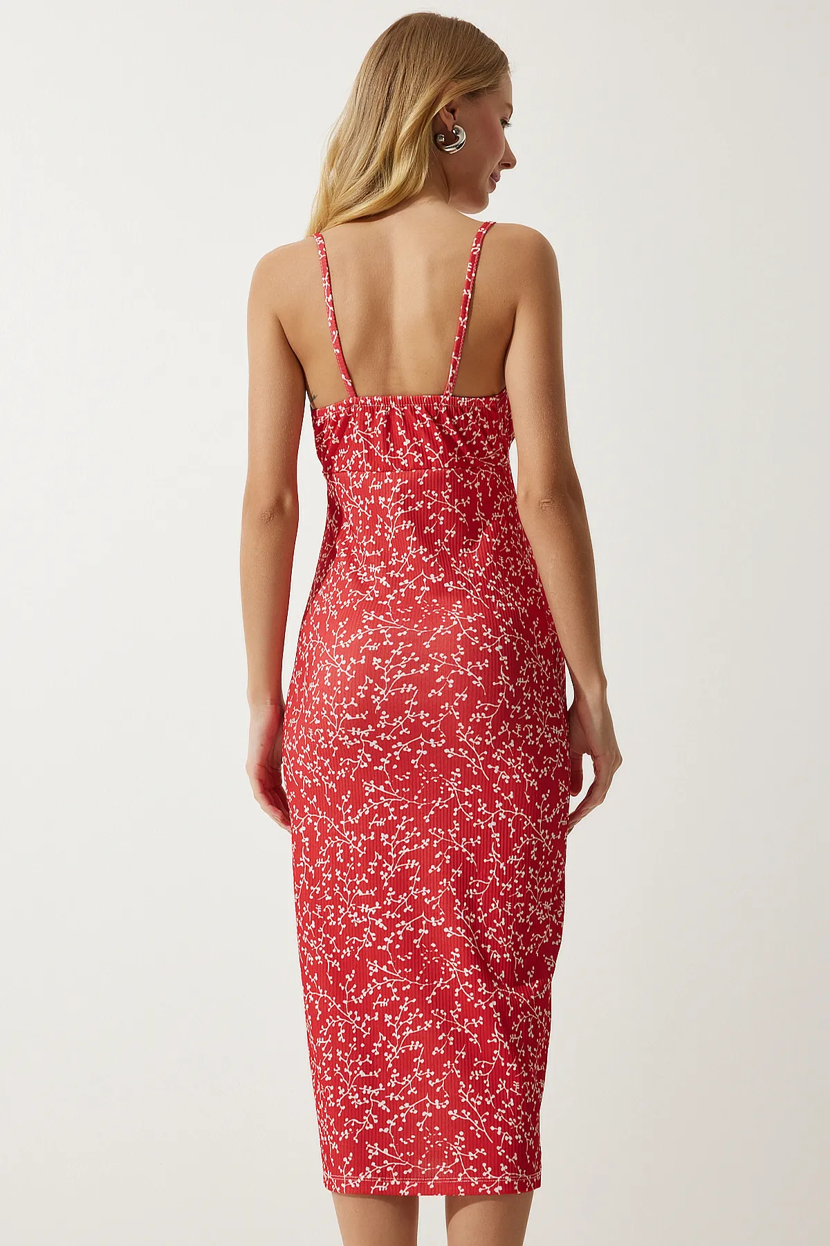 Happiness İstanbul  Damen-Sommerstrickkleid mit Schlitz in Rot und Weiß CI00029