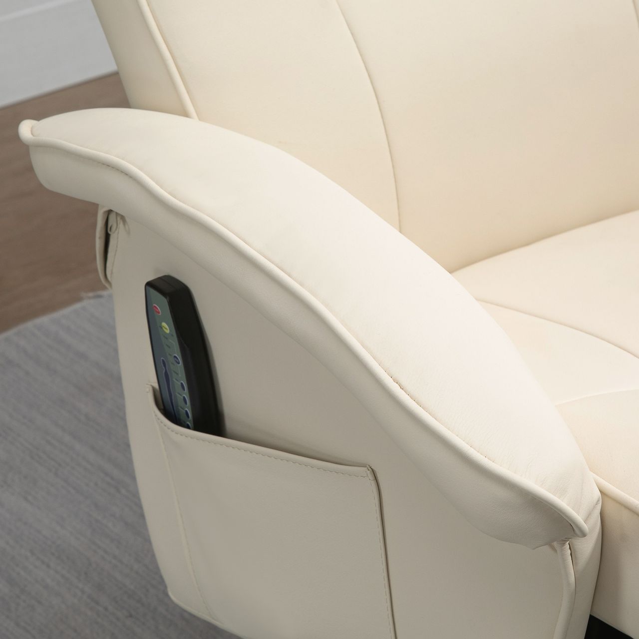 HOMCOM Massagesessel Relaxliege mit Fußhocker Relaxsessel Liegefunktion Fernsehsessel Liegesessel mit Massagefunktion 360° drehbar Kunstleder Stahl Cremeweiß Braun 73 x 83 x 106 cm