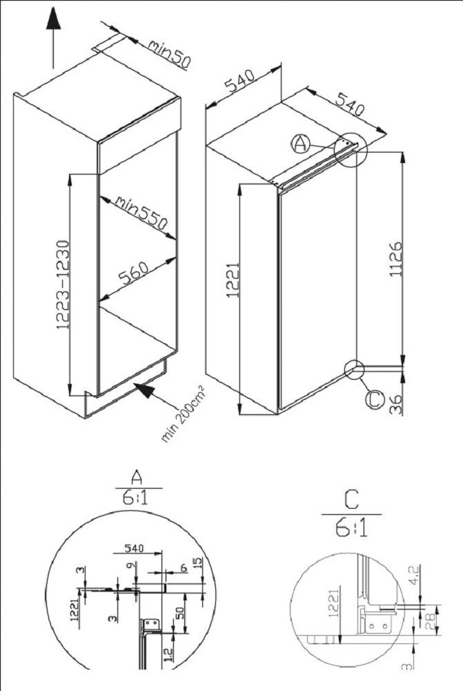 Premiere Einbaukühlgefrierkombination 361646, 56 cm breit, Schleppscharnier