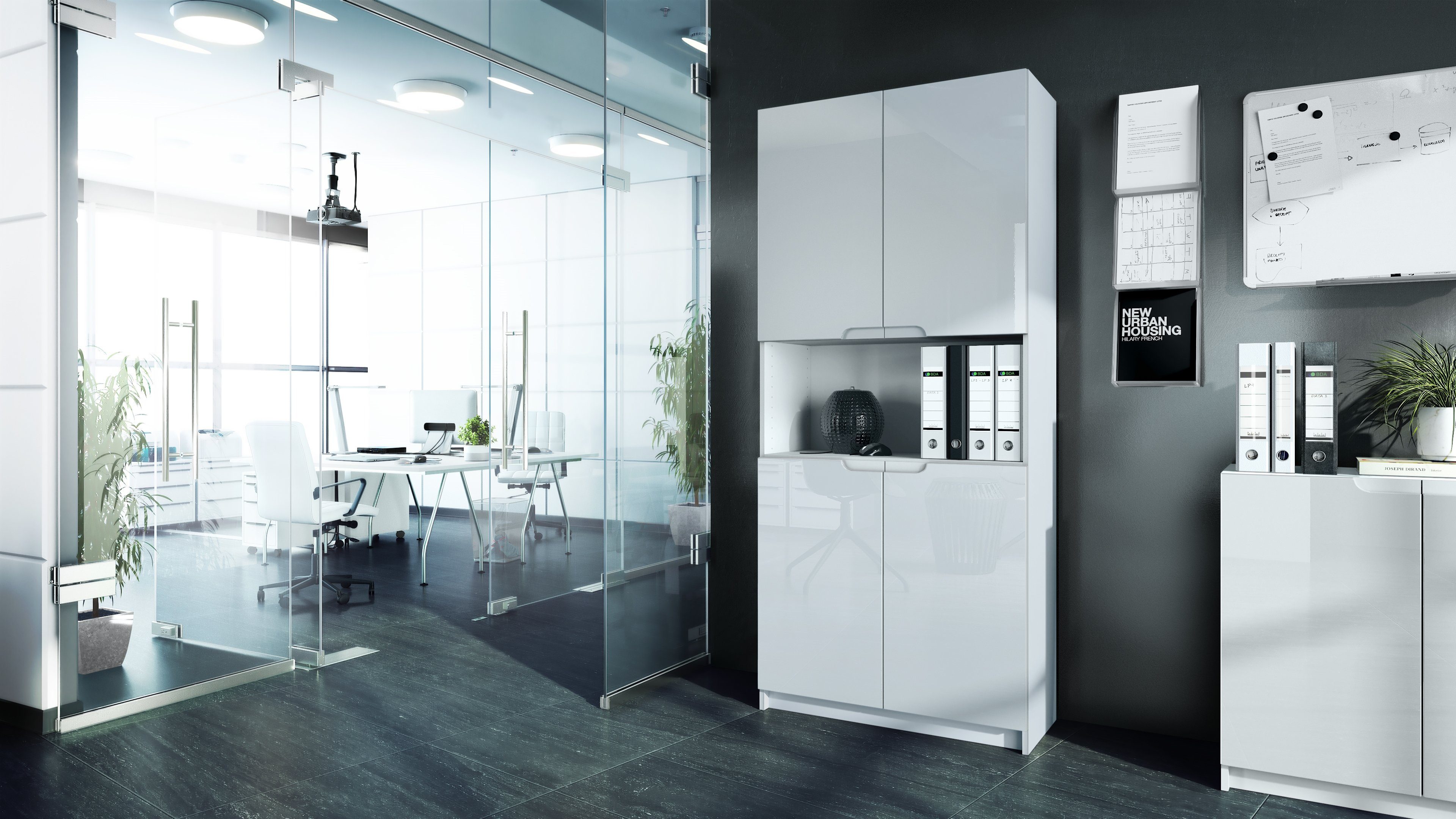 Vladon Aktenschrank Logan (Aktenschrank, mit 5 Fächern und 4 Türen) Weiß matt/Weiß Hochglanz (82 x 184 x 37 cm)
