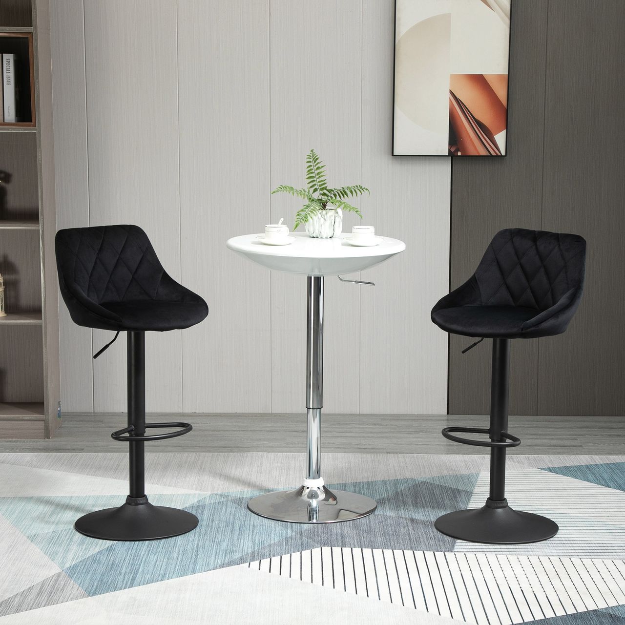 HOMCOM 2er-Set Barhocker, Drehstuhl, höhenverstellbarer Bistrohocker, Barstuhl mit Fußstütze, Rückenlehne, Tresenhocker, Samt, Metall, Schwarz, 46 x 48 x 83-104 cm
