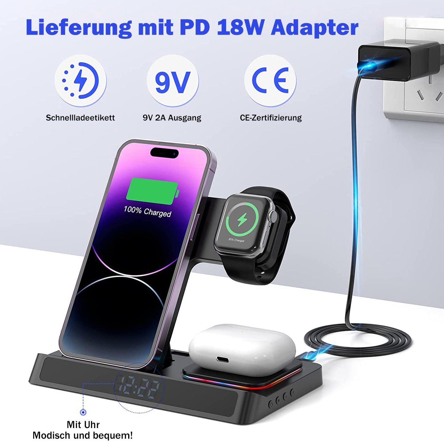 JOEAIS Handy-Dockingstation Induktive Ladestation 4 in 1 Kabellose Ladegerät Wireless Charger, (für Samsung Galaxy/Xiaomi/Note/Galaxy Buds/AirPods, mit USB Kabel für iPhone 14 13 12Pro Mini Pro Max), Handy Charging Station für Apple iWatch iPhone Air