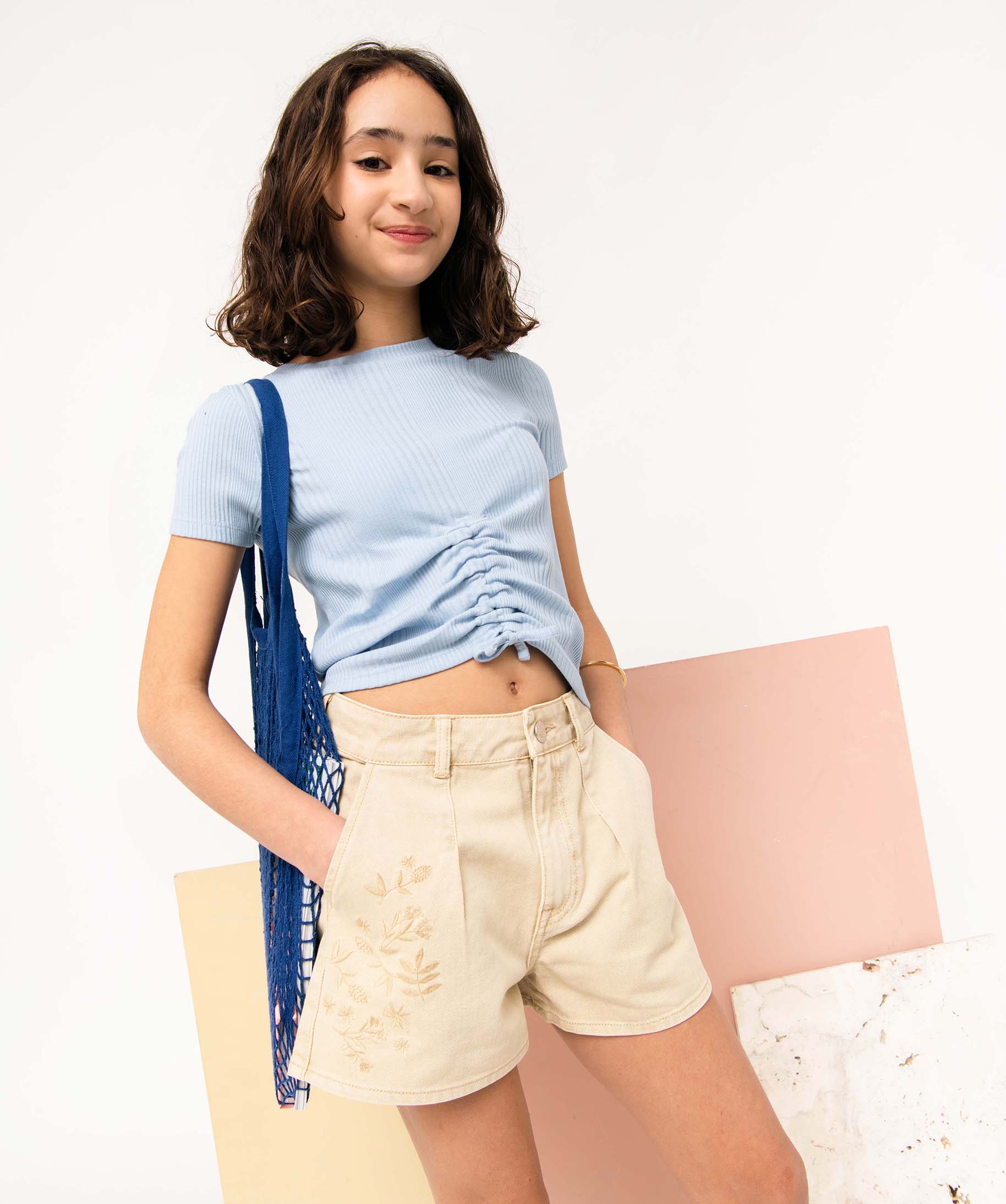Tee-shirt fille en maille ctelée avec cordons coulissant ... bleu | GEMO